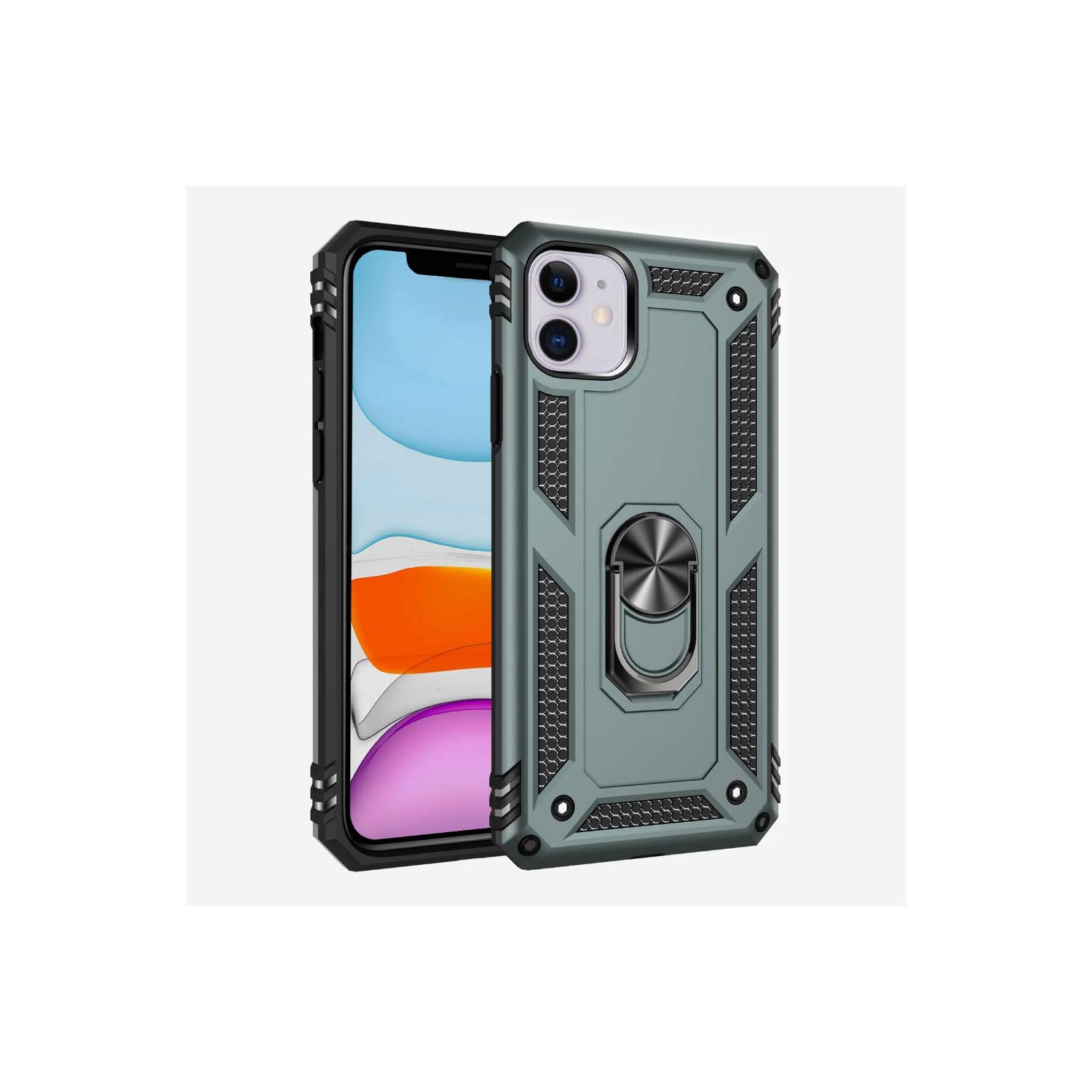 【CSmart】 Anti-Drop Hybrid Magnetic Hard Armor Case with Ring Holder for iPhone 12 / 12 Pro (6.1"), Midnight Green