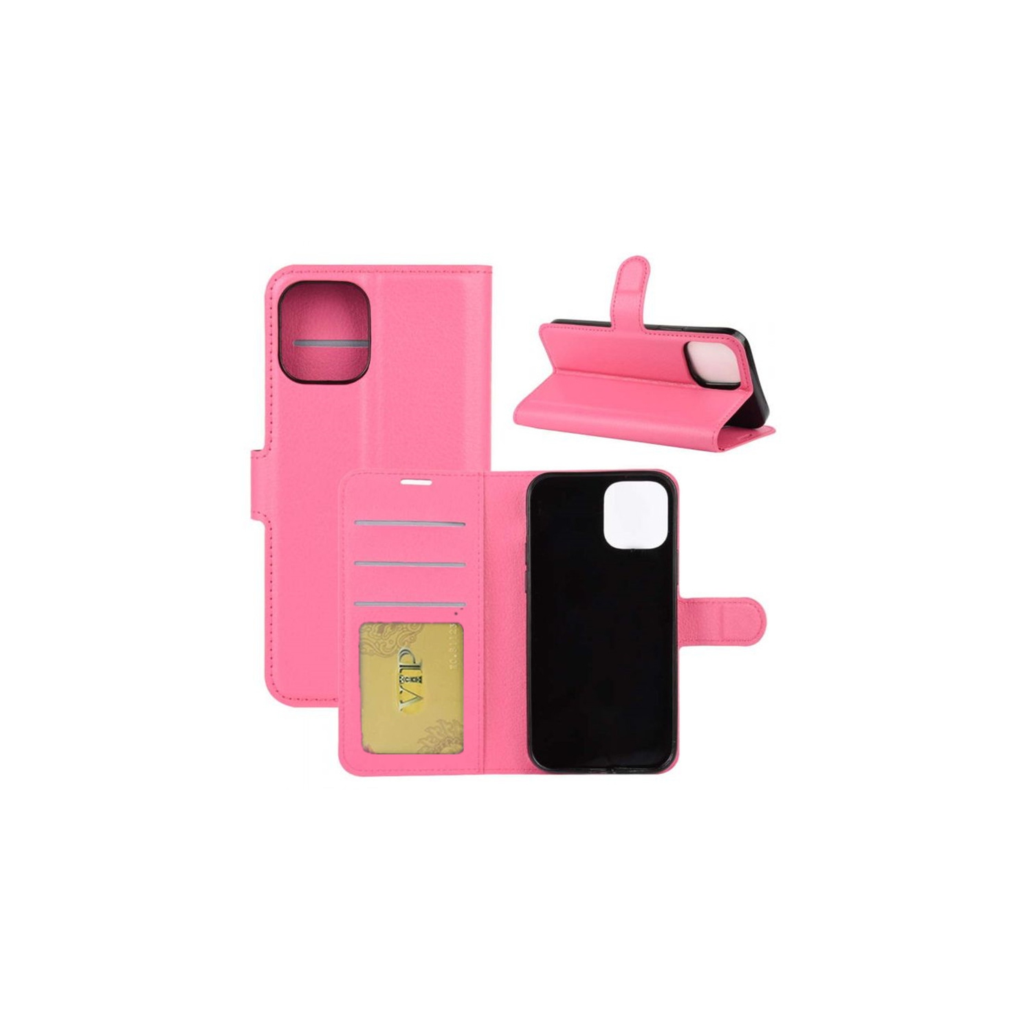 【CSmart】 Magnetic Card Slot Leather Folio Wallet Flip Case Cover for iPhone 12 Mini (5.4"), Hot Pink