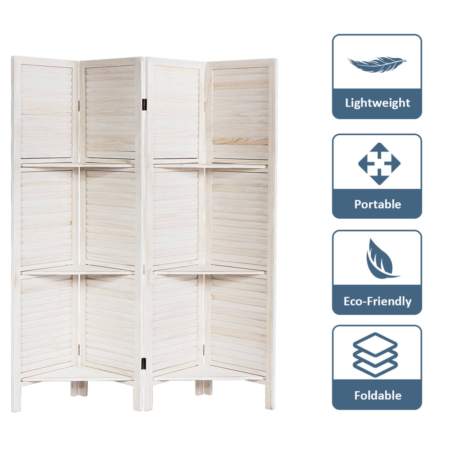 Costway 4 Panel Folding Room Divider Screen W/3 Display Shelves 5.6 Ft Tall WhiteNatural