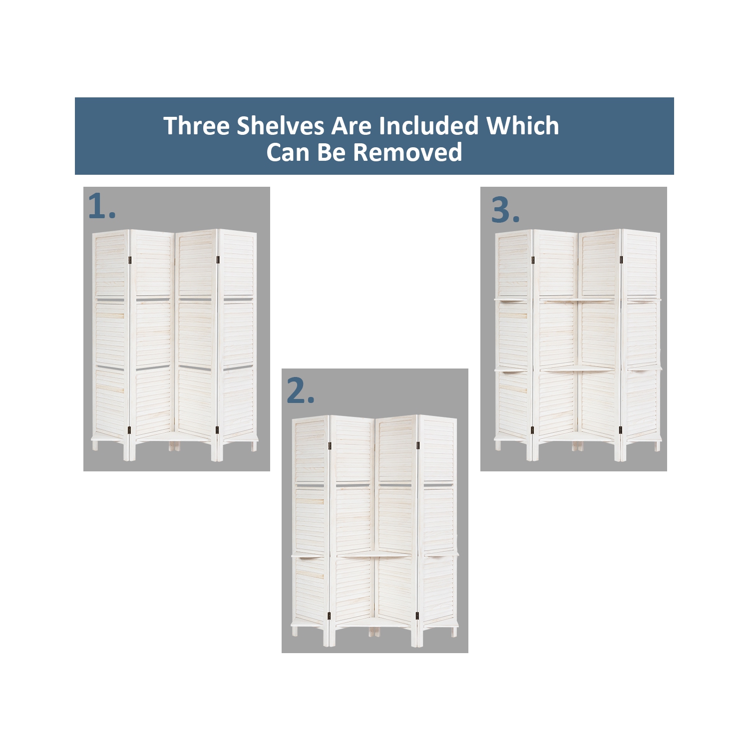 Costway 4 Panel Folding Room Divider Screen W/3 Display Shelves 5.6 Ft Tall WhiteNatural