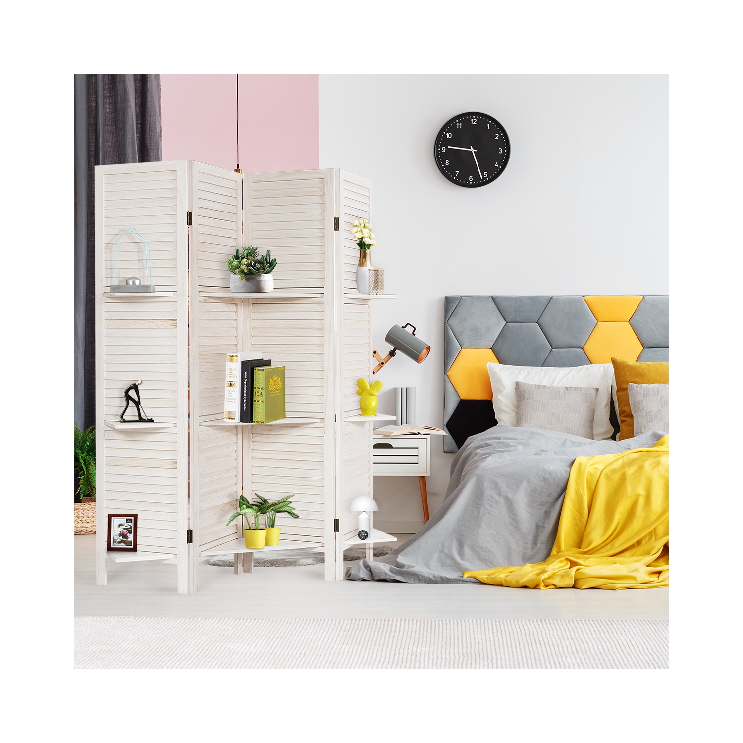 Costway 4 Panel Folding Room Divider Screen W/3 Display Shelves 5.6 Ft Tall WhiteNatural