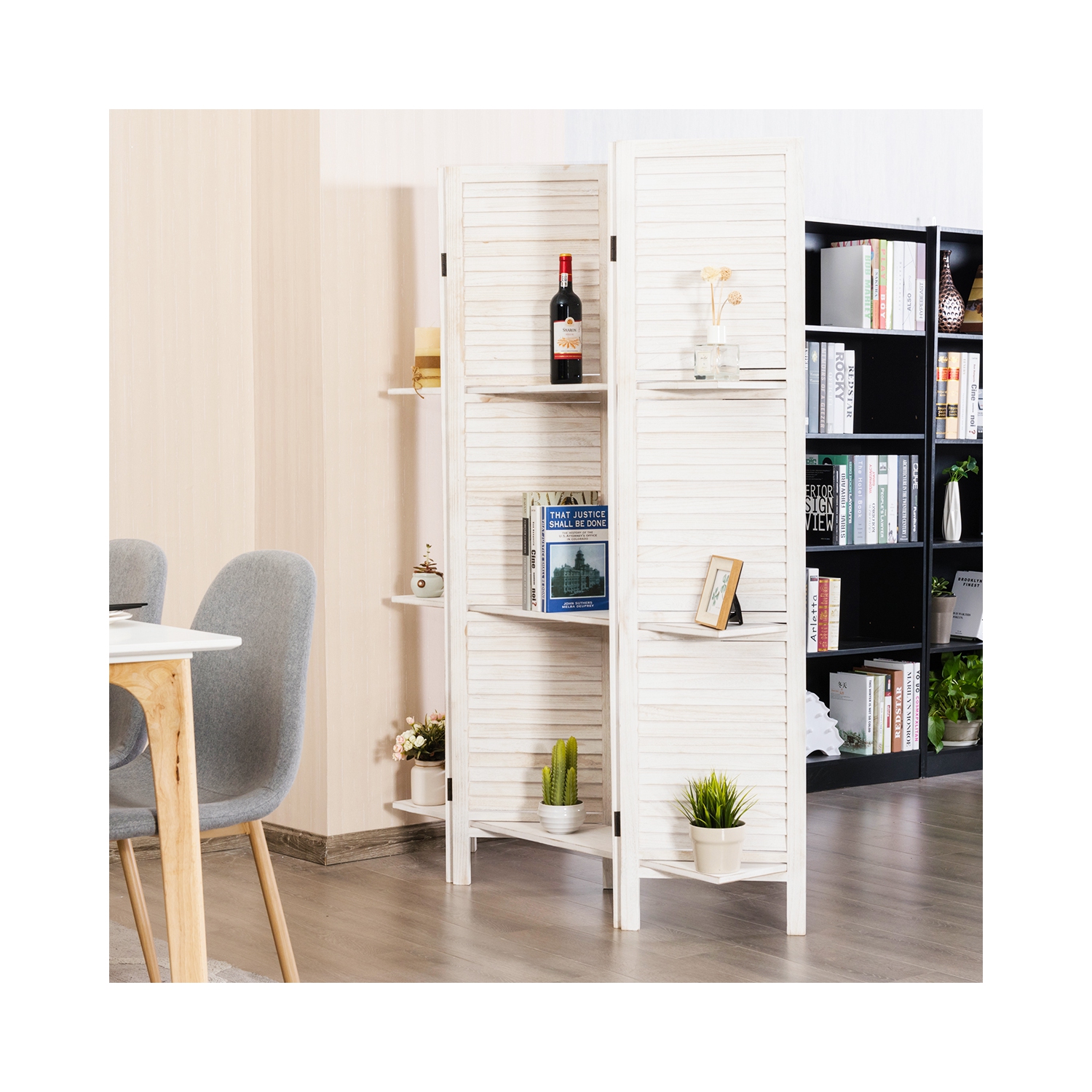 Costway 4 Panel Folding Room Divider Screen W/3 Display Shelves 5.6 Ft Tall WhiteNatural