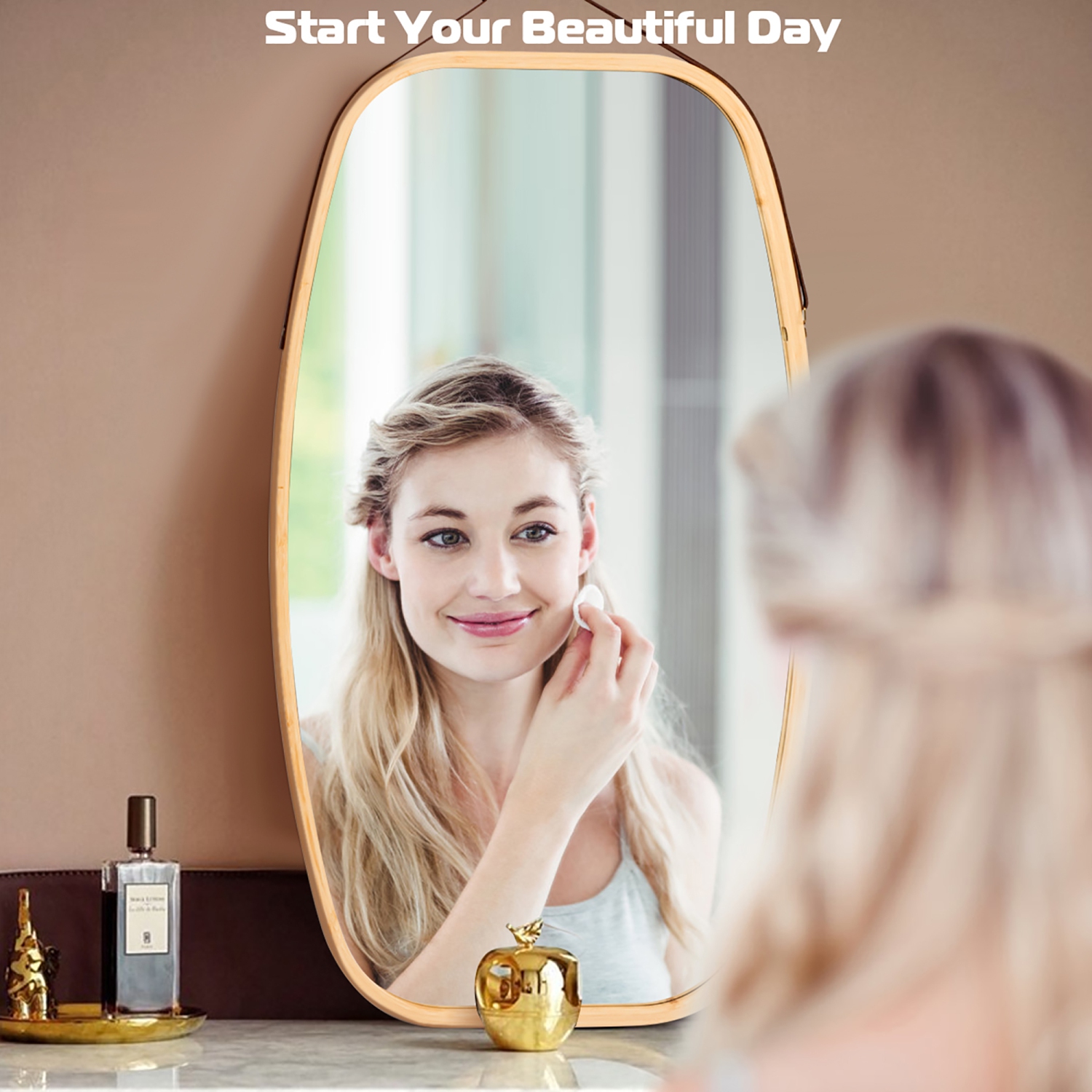 Costway 30'' Modern Rectangle Wall Hanging Framed Mirror w/ Faux Leather Strap Bathroom