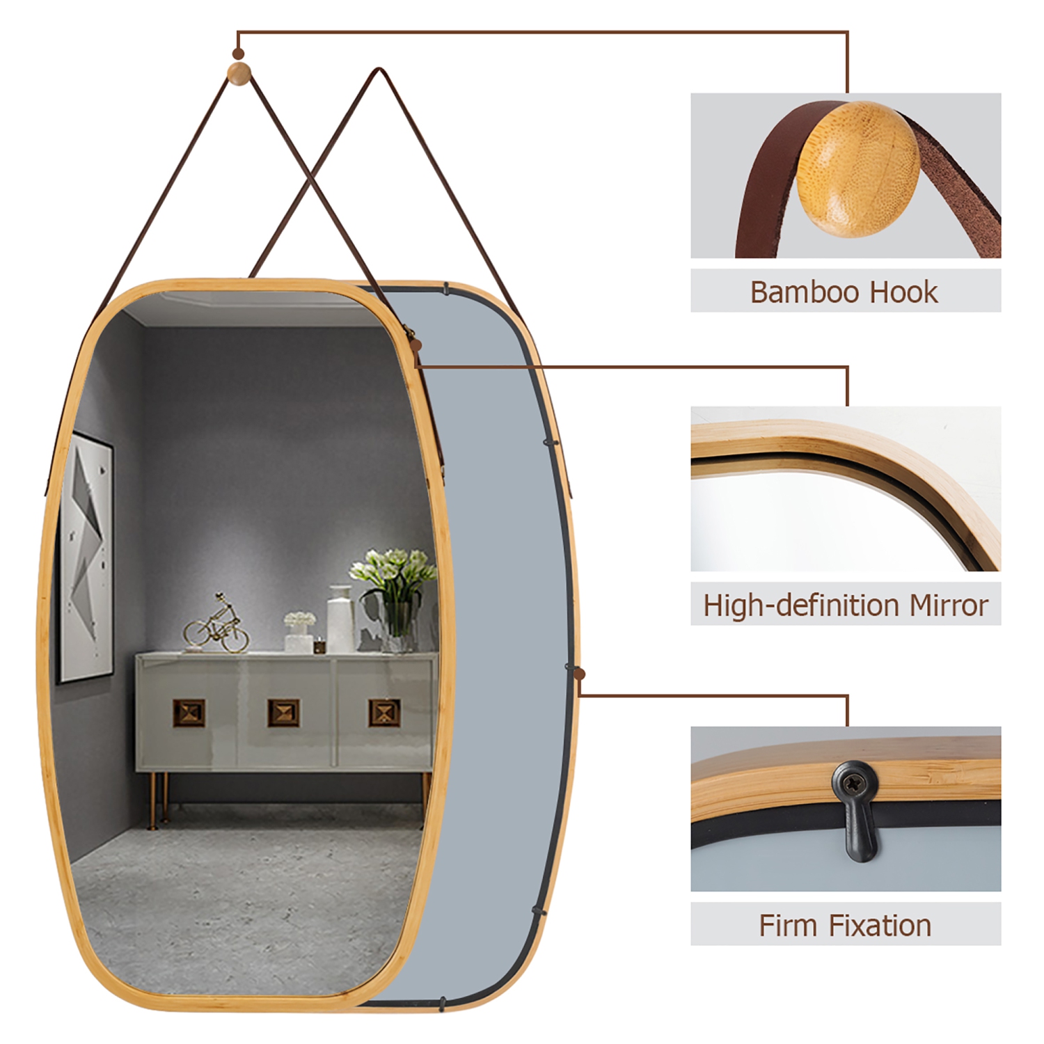 Costway 30'' Modern Rectangle Wall Hanging Framed Mirror w/ Faux Leather Strap Bathroom