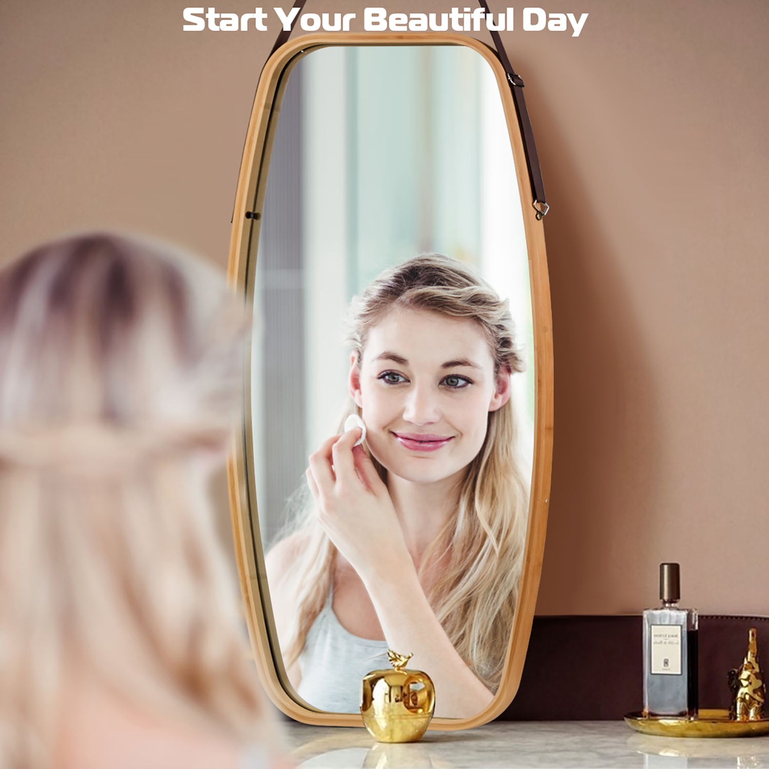 Costway 39'' Modern Rectangle Wall Hanging Framed Mirror w/ Faux Leather Strap Bathroom