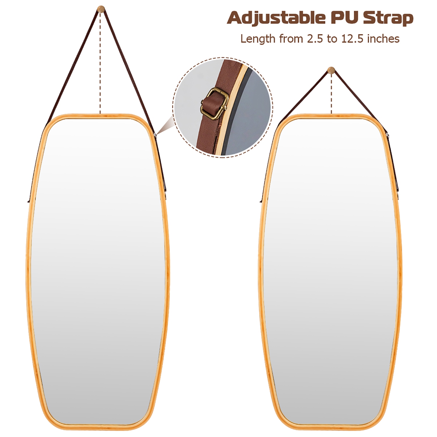 Costway 39'' Modern Rectangle Wall Hanging Framed Mirror w/ Faux Leather Strap Bathroom