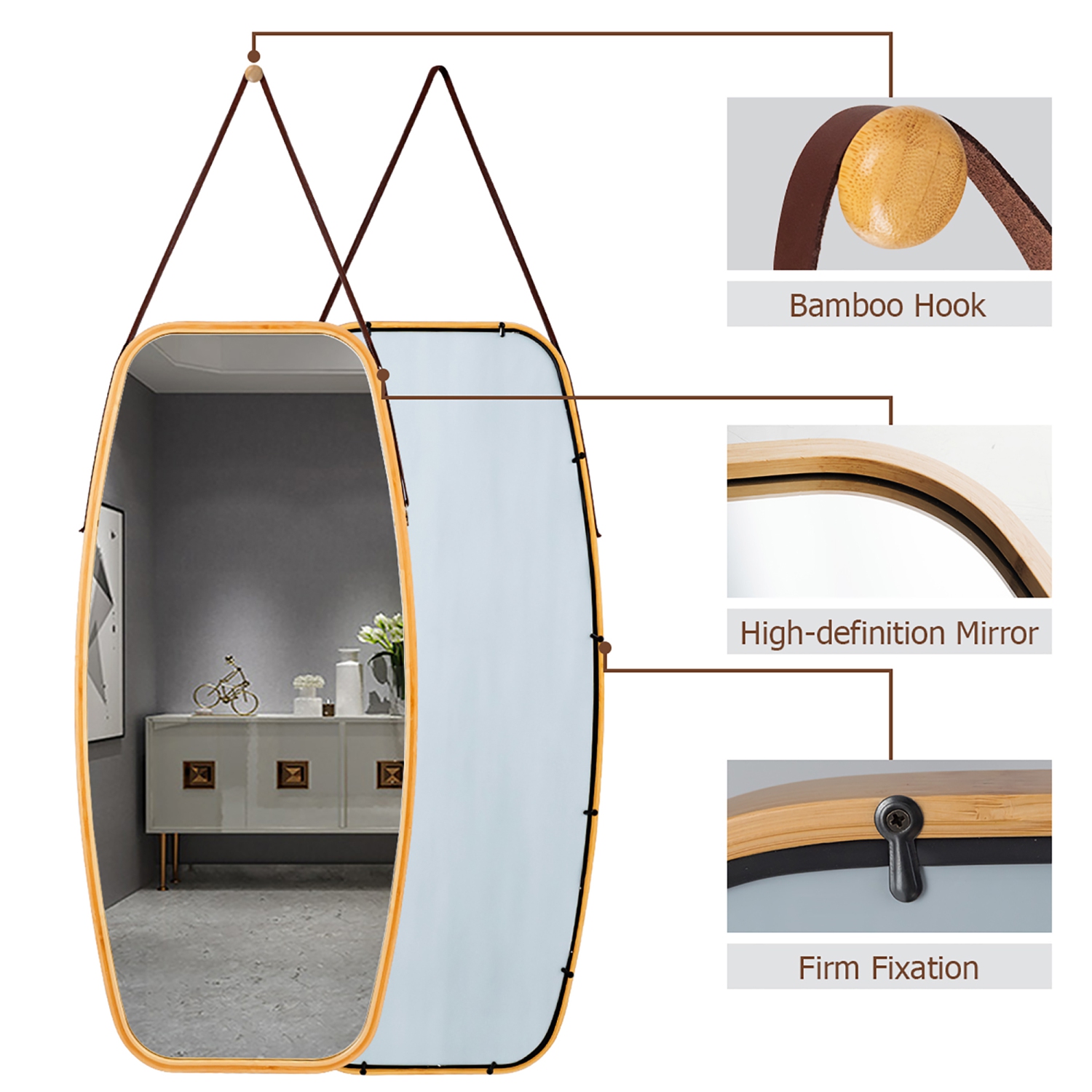 Costway 39'' Modern Rectangle Wall Hanging Framed Mirror w/ Faux Leather Strap Bathroom