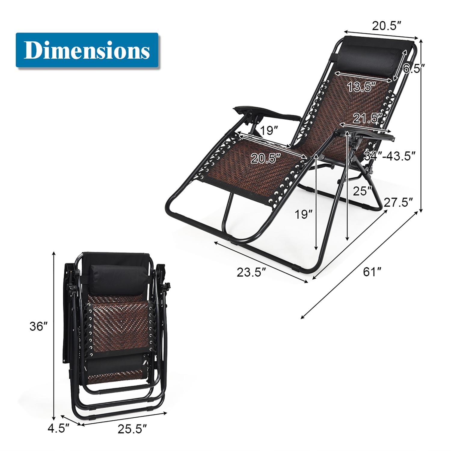 Costway 2PCS Patio Rattan Zero Gravity Lounge Chair Folding Recliner Headrest