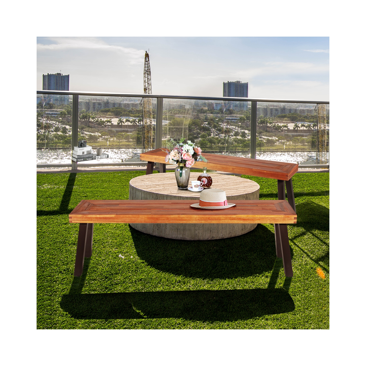 Costway Set of 2 Patio Acacia Wood Dining Bench with Rustic Steel Legs Outdoor Indoor