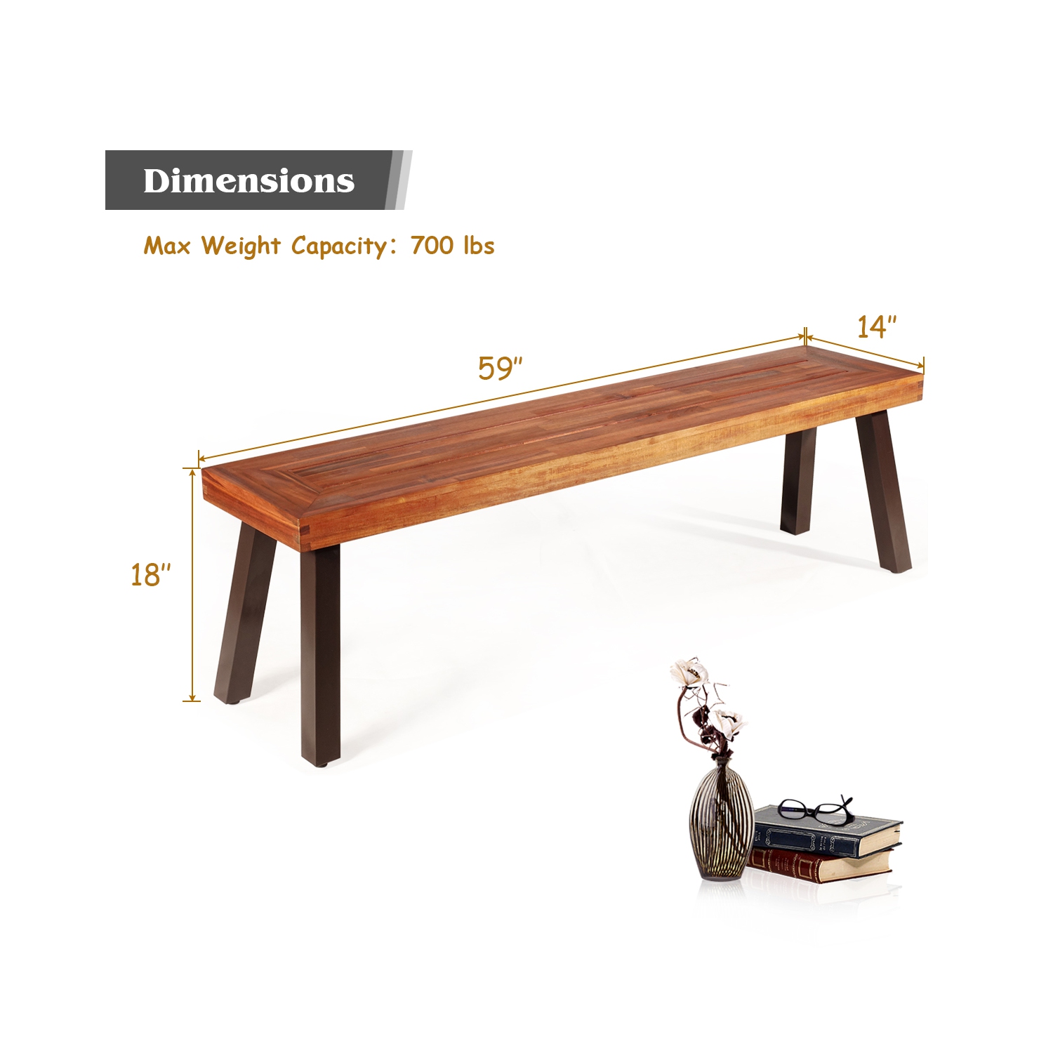 Costway Set of 2 Patio Acacia Wood Dining Bench with Rustic Steel Legs Outdoor Indoor