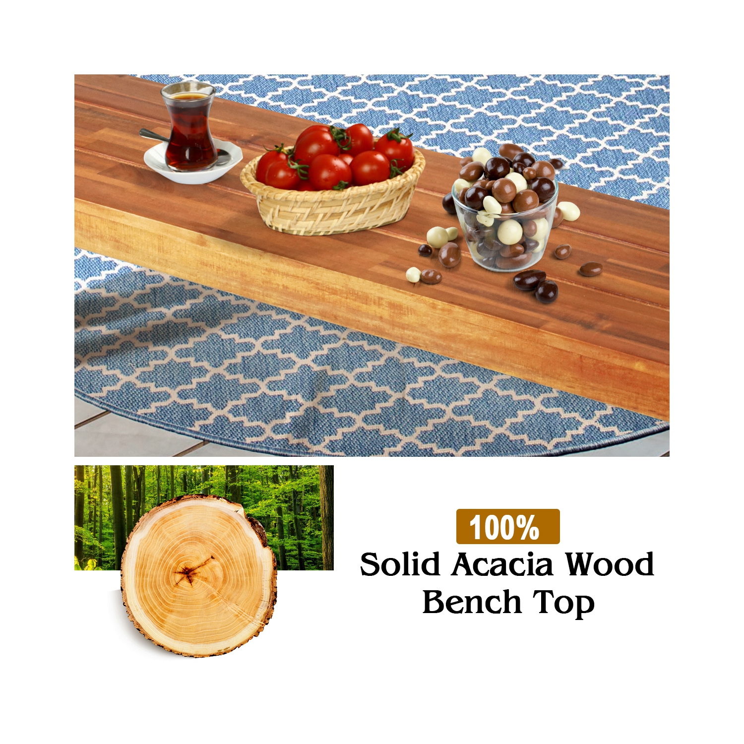 Costway Set of 2 Patio Acacia Wood Dining Bench with Rustic Steel Legs Outdoor Indoor