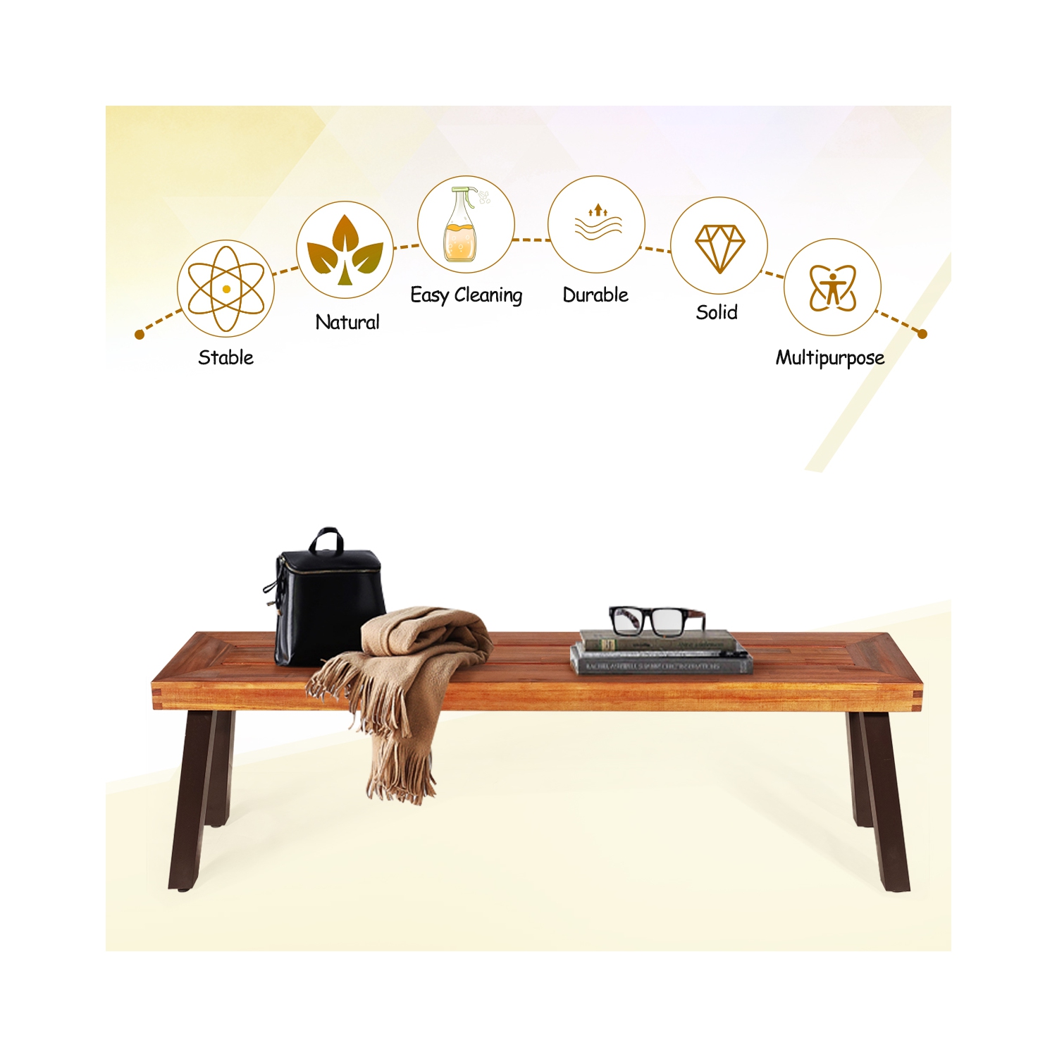 Costway Set of 2 Patio Acacia Wood Dining Bench with Rustic Steel Legs Outdoor Indoor