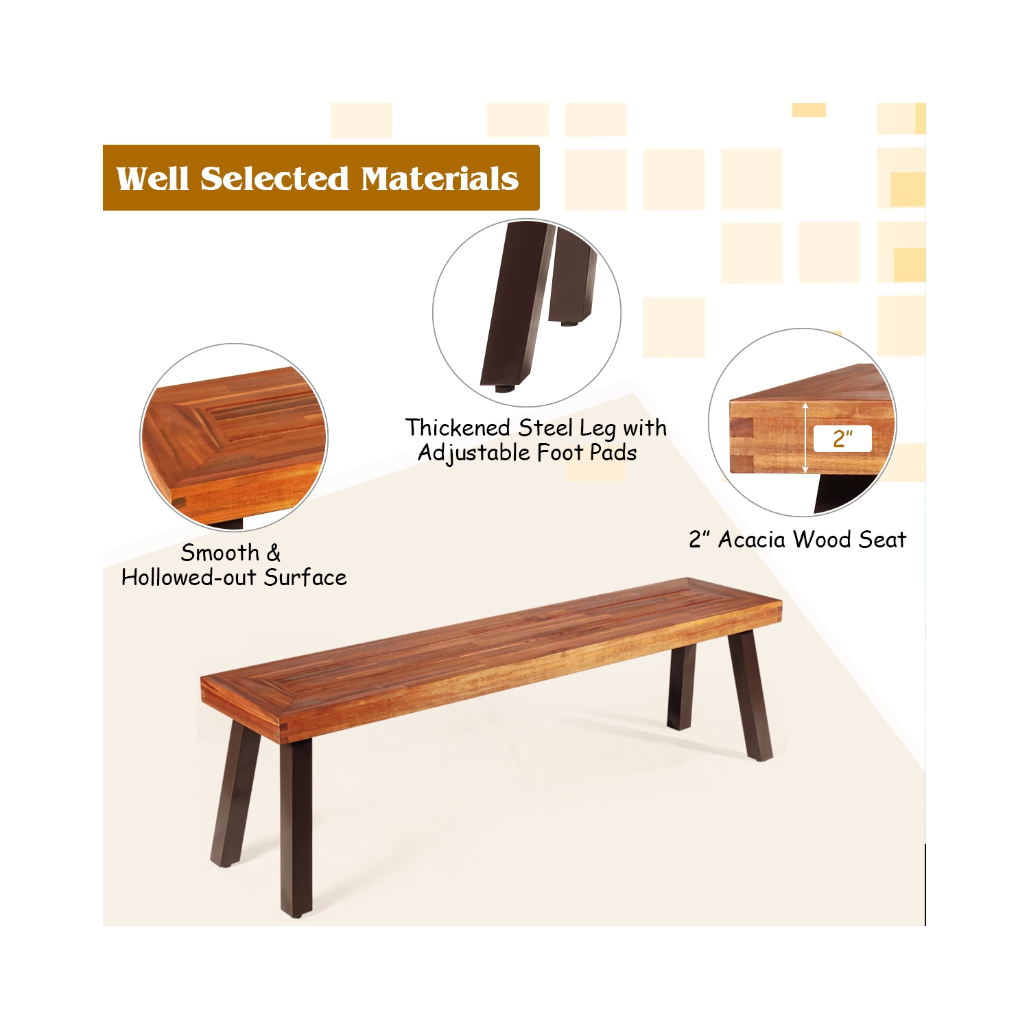 Costway Set of 2 Patio Acacia Wood Dining Bench with Rustic Steel Legs Outdoor Indoor