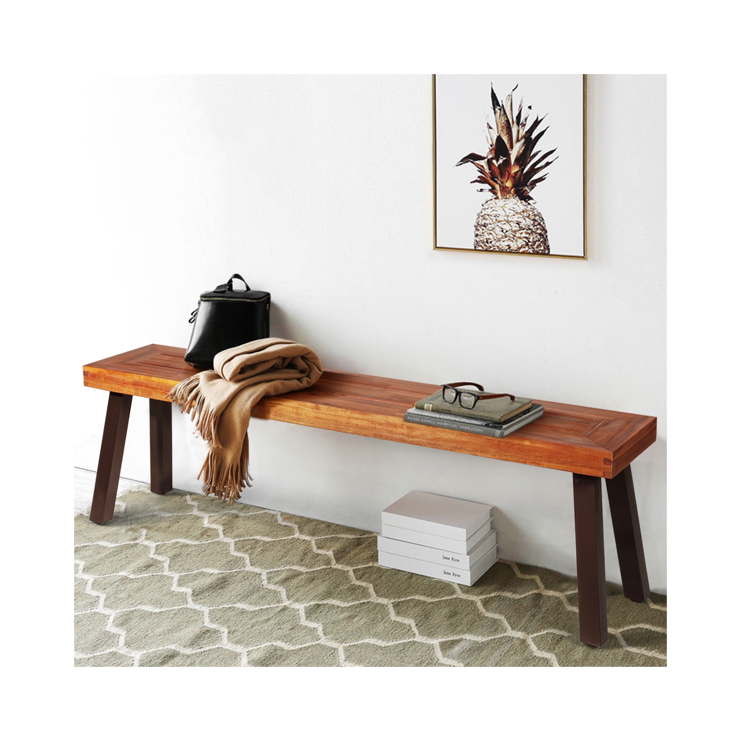 Costway Set of 2 Patio Acacia Wood Dining Bench with Rustic Steel Legs Outdoor Indoor