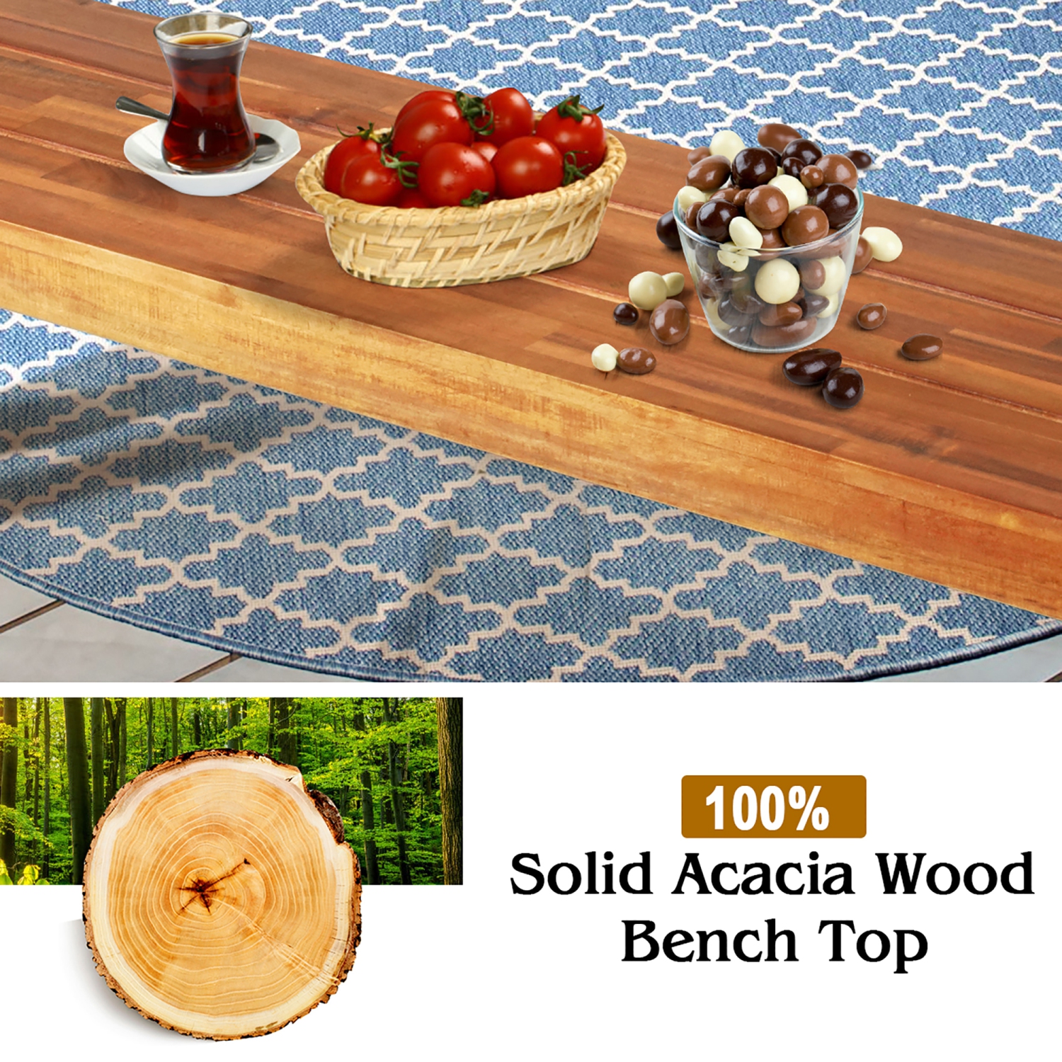 Costway Patio Acacia Wood Dining Bench Seat with Rustic Steel Legs for Outdoor Indoor