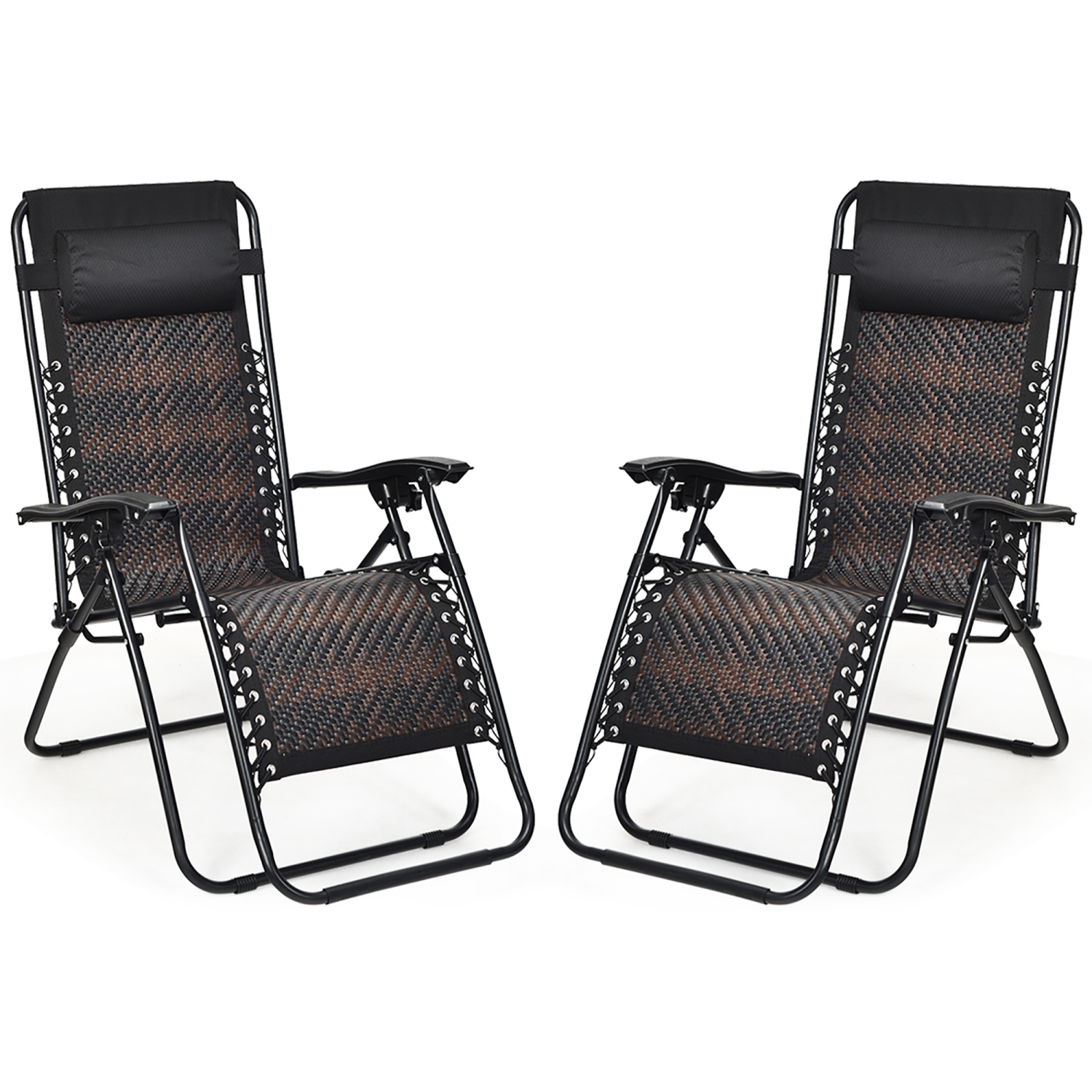 Costway 2PCS Patio Rattan Zero Gravity Lounge Chair Folding Recliner Headrest Mix Brown