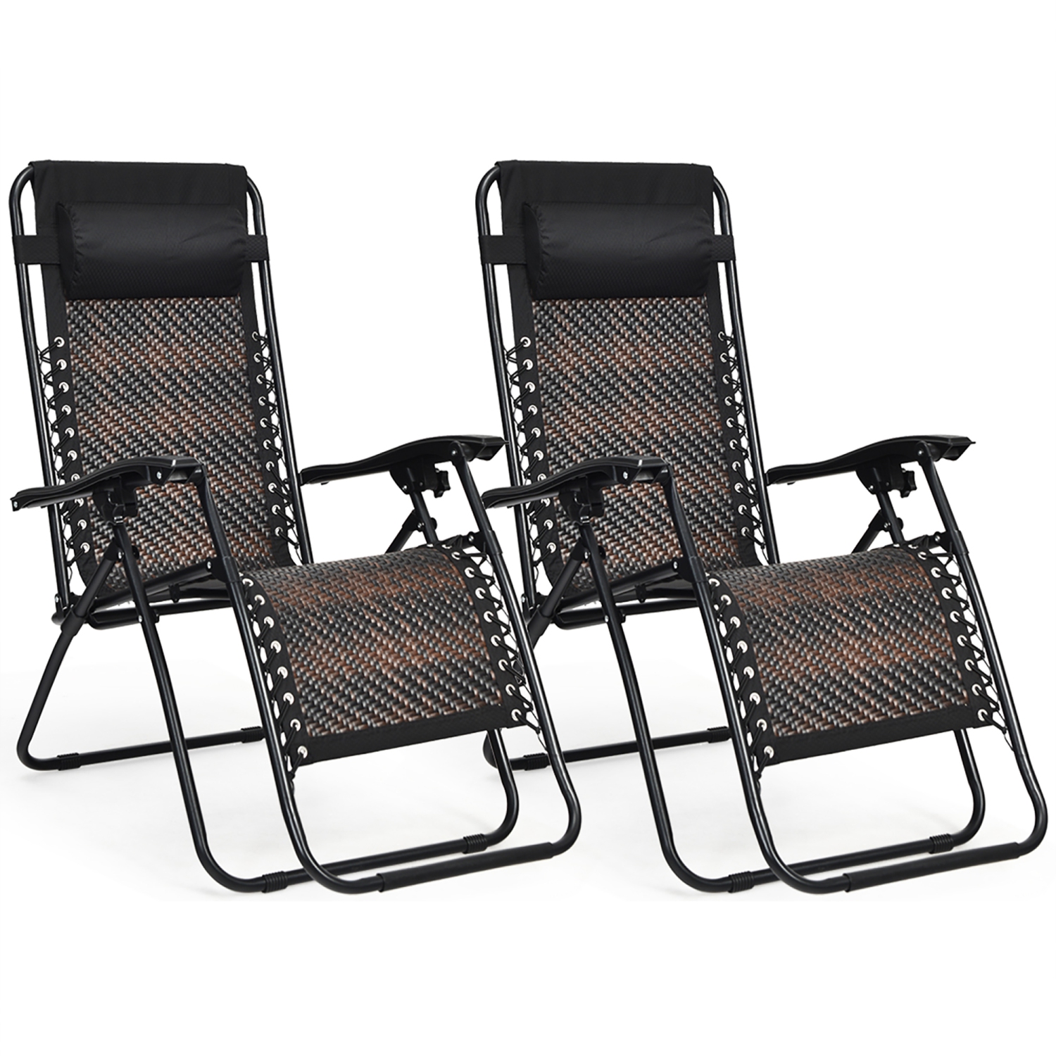 Costway 2PCS Patio Rattan Zero Gravity Lounge Chair Folding Recliner Headrest Mix Brown