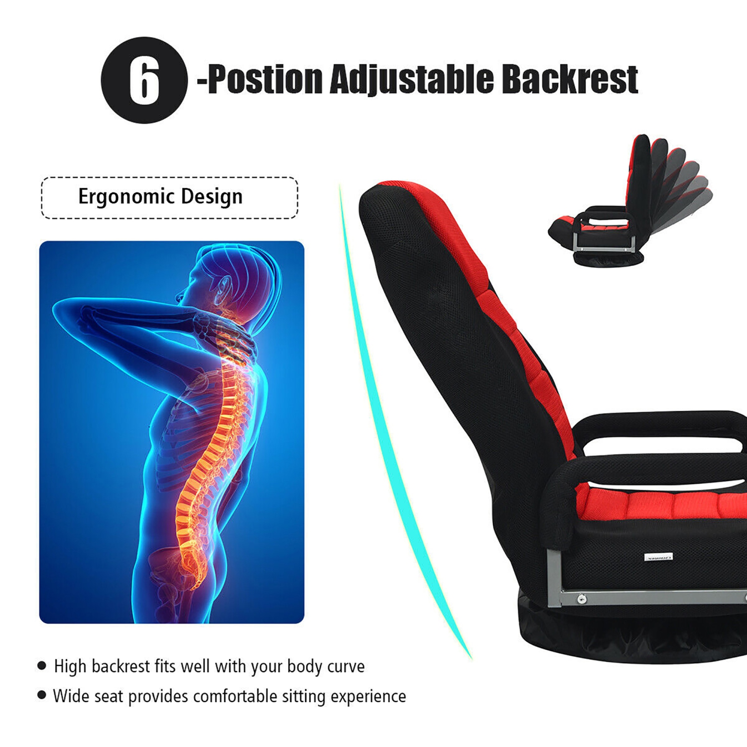 Costway 360-Degree Swivel Gaming Floor Chair with Foldable Adjustable Backrest