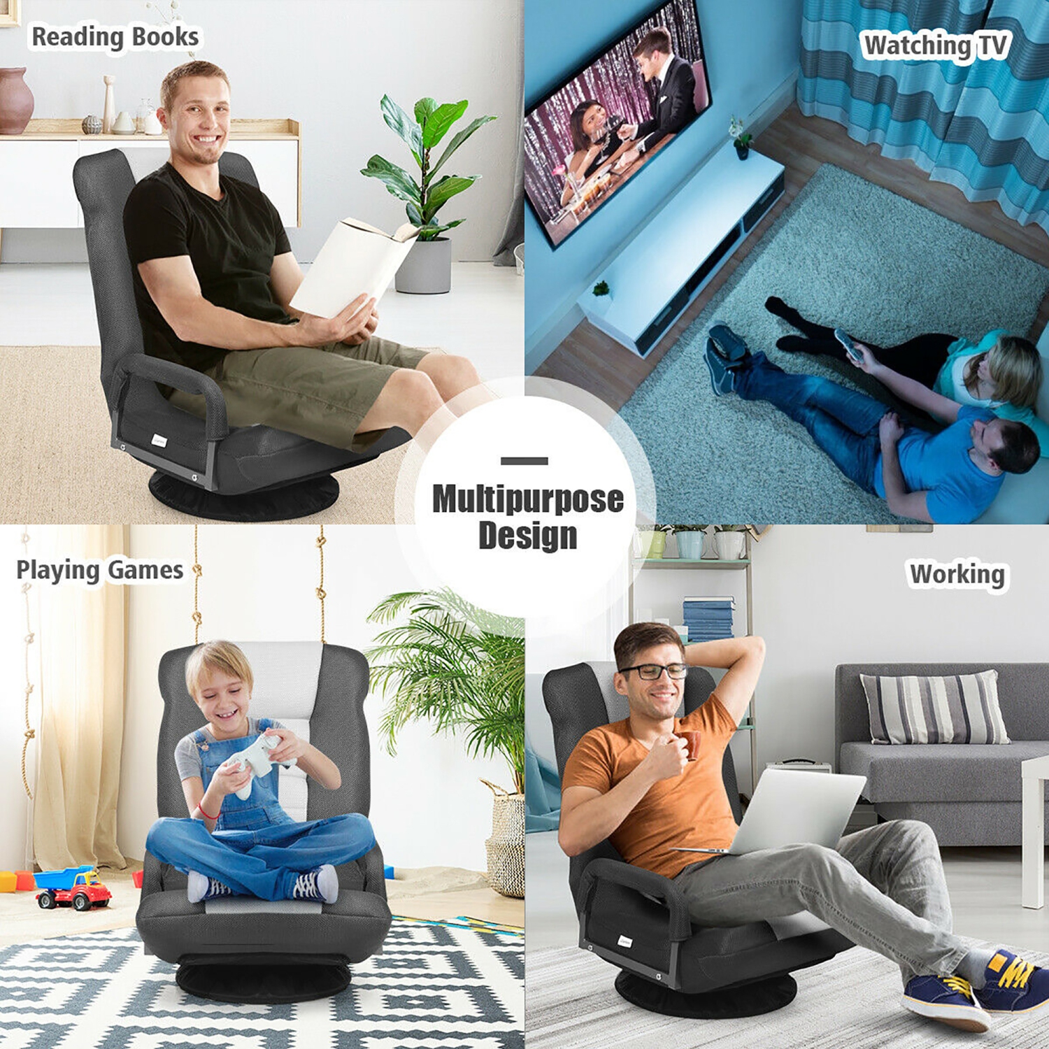 Costway 360-Degree Swivel Gaming Floor Chair with Foldable Adjustable Backrest