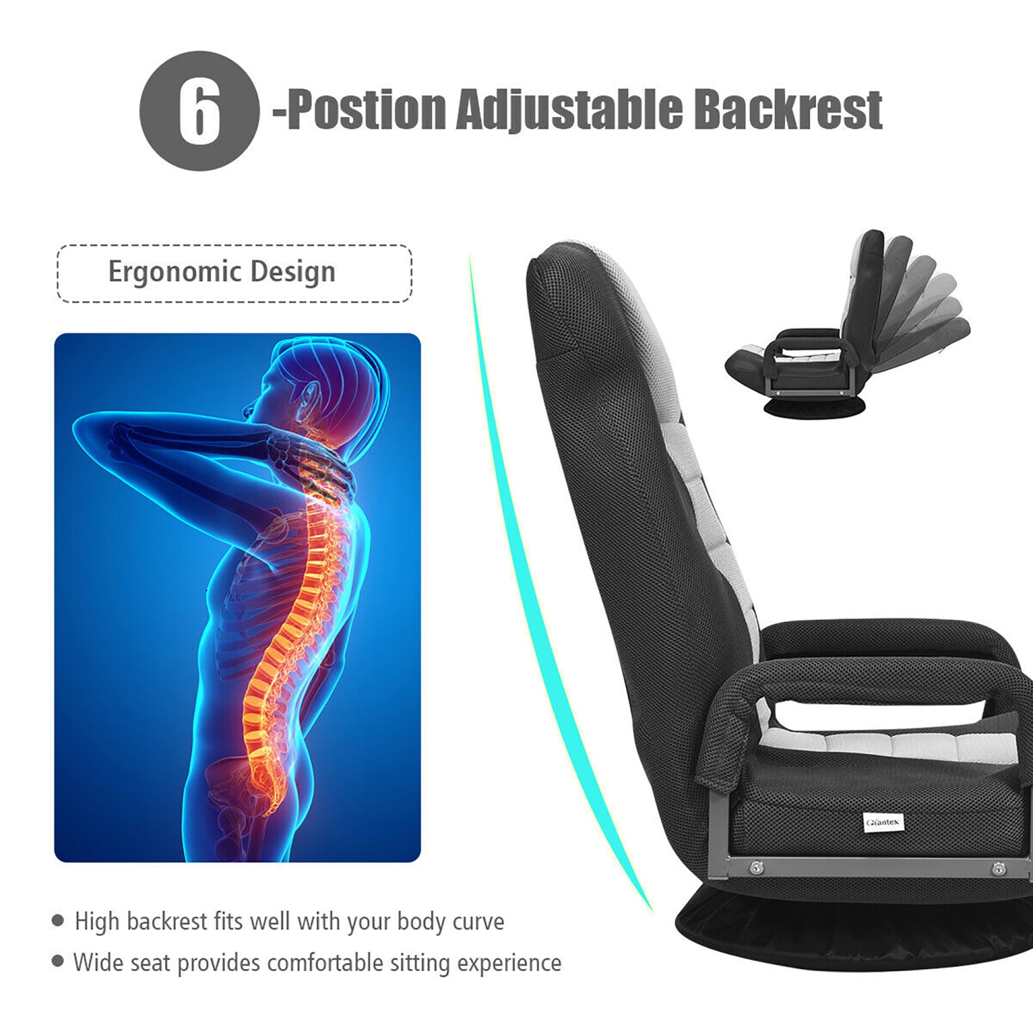 Costway 360-Degree Swivel Gaming Floor Chair with Foldable Adjustable Backrest