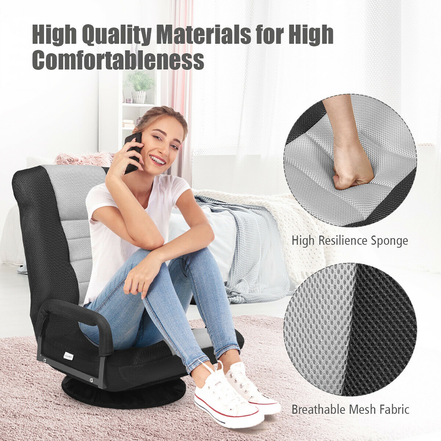 Costway 360-Degree Swivel Gaming Floor Chair with Foldable Adjustable Backrest