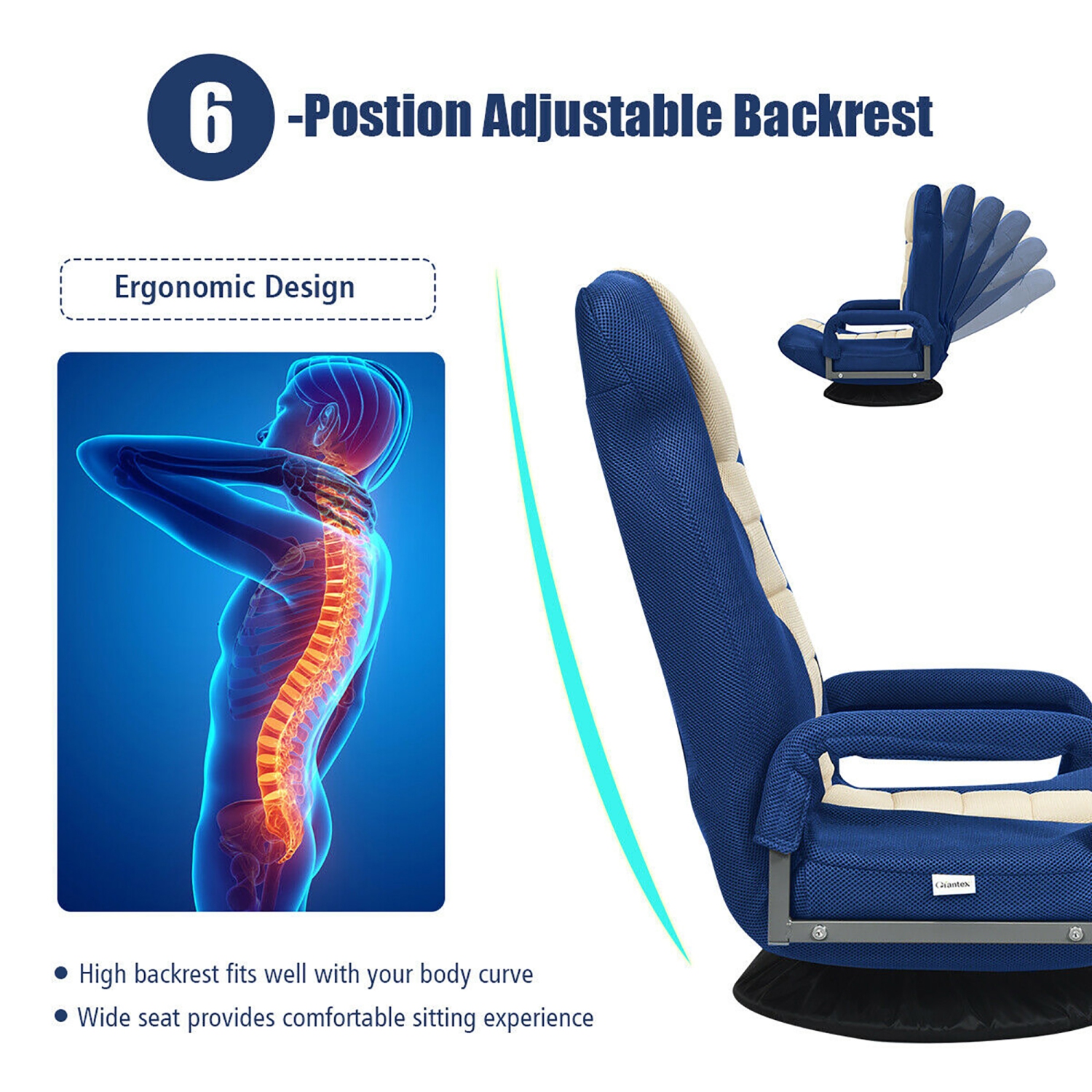 Costway 360-Degree Swivel Gaming Floor Chair with Foldable Adjustable Backrest