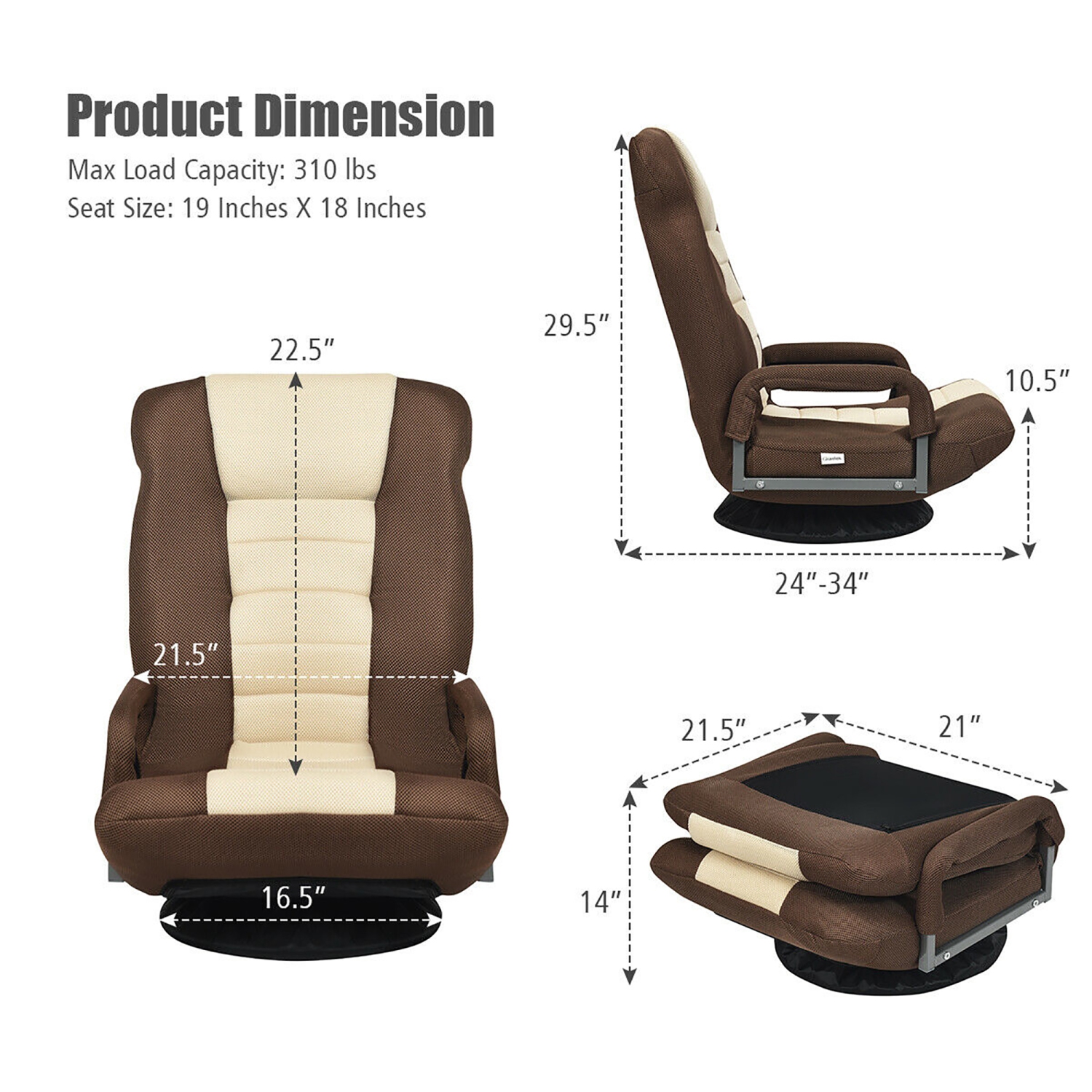 Costway 360-Degree Swivel Gaming Floor Chair with Foldable Adjustable Backrest