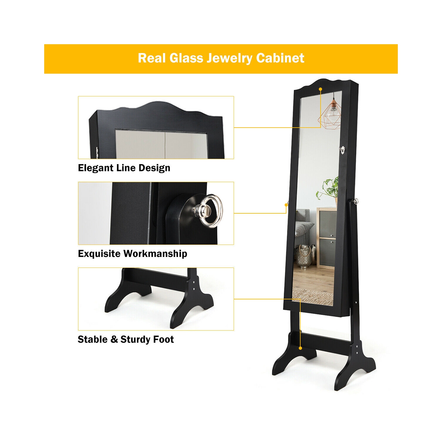 Armoire à bijoux verrouillable avec miroir et rangement avec support de Costway