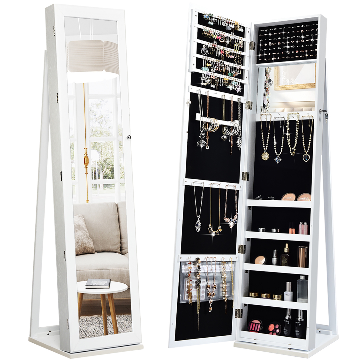 Armoire de bijoux en miroir Organisateur de rangement debout verrouillable avec étagère