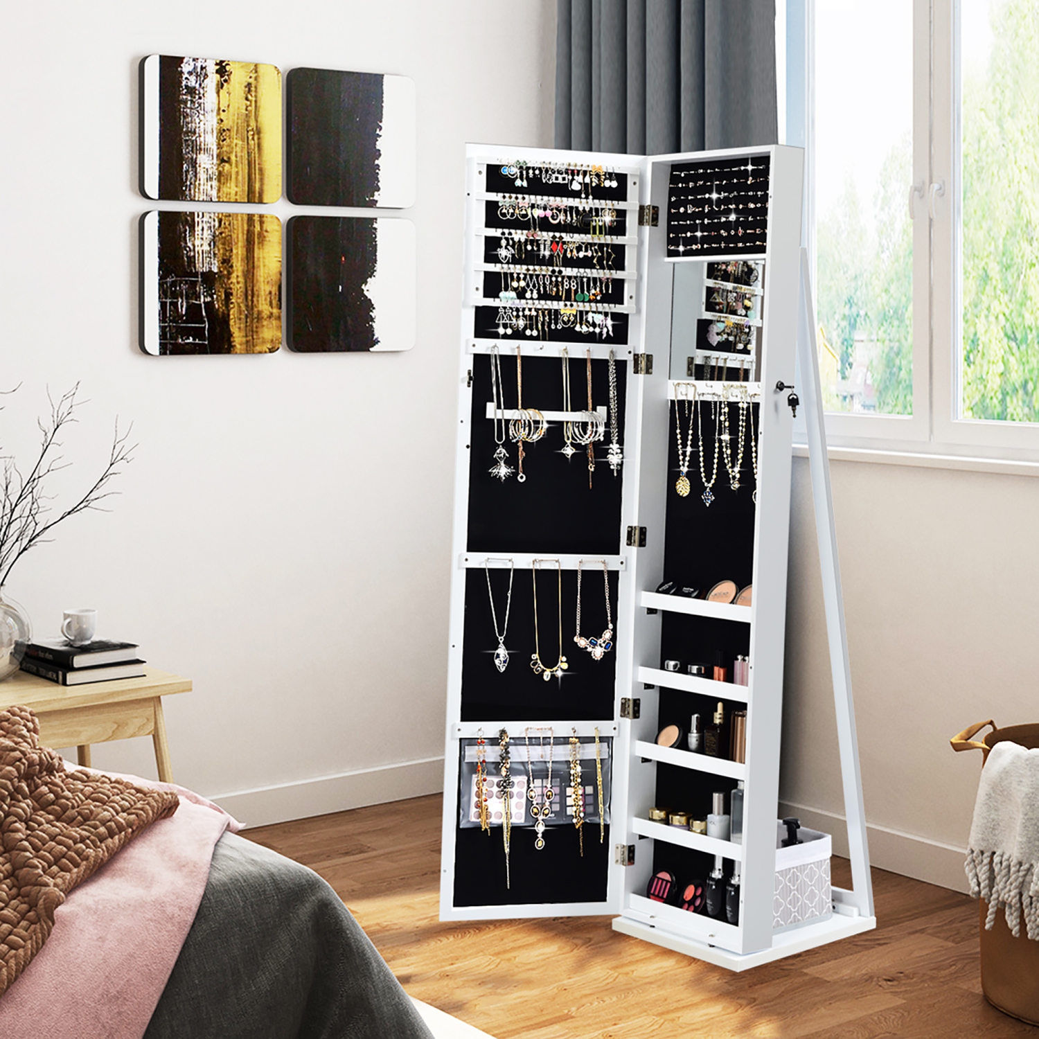 Armoire de bijoux en miroir Organisateur de rangement debout verrouillable avec étagère
