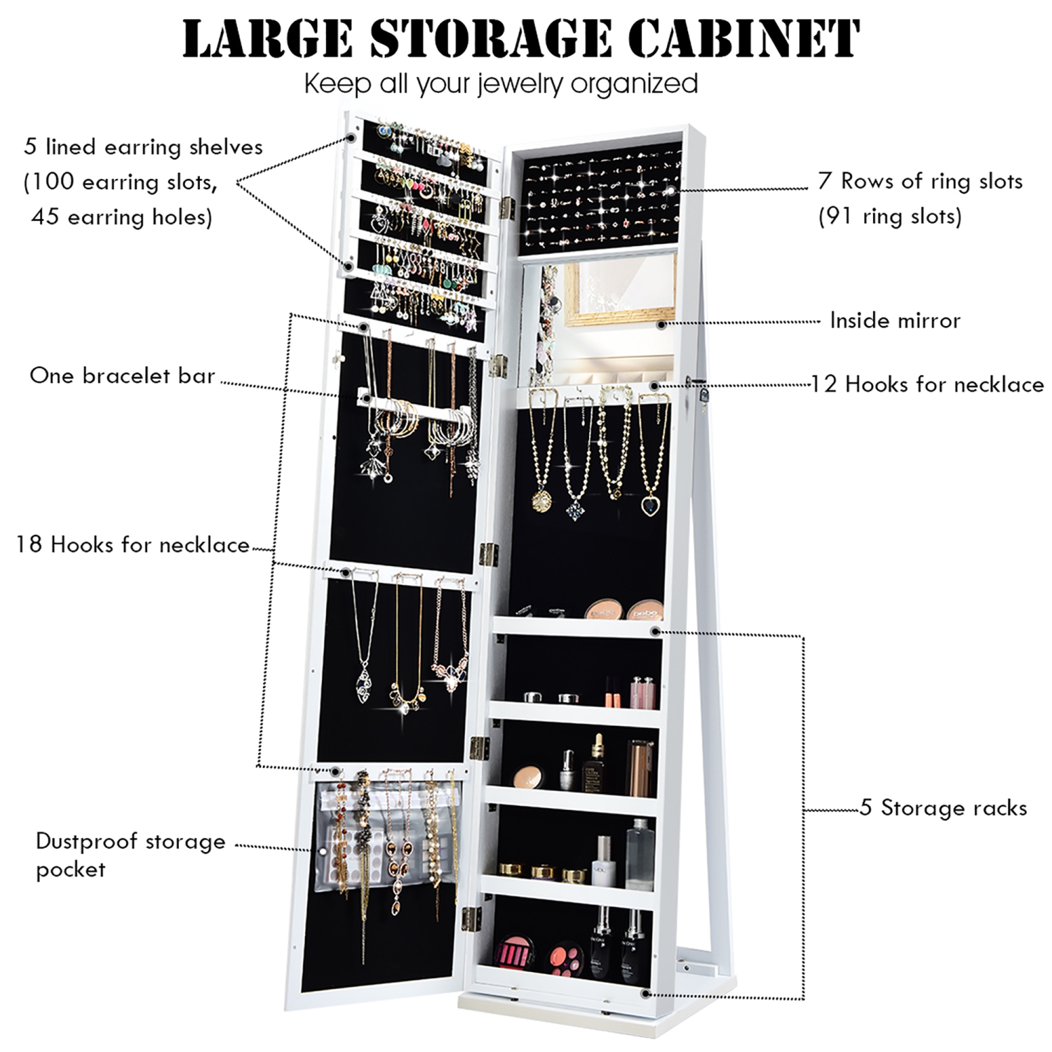 Armoire de bijoux en miroir Organisateur de rangement debout verrouillable avec étagère