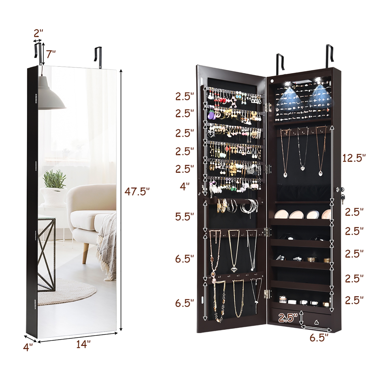 Armoire à bijoux miroir Costway avec 2 lumières LED