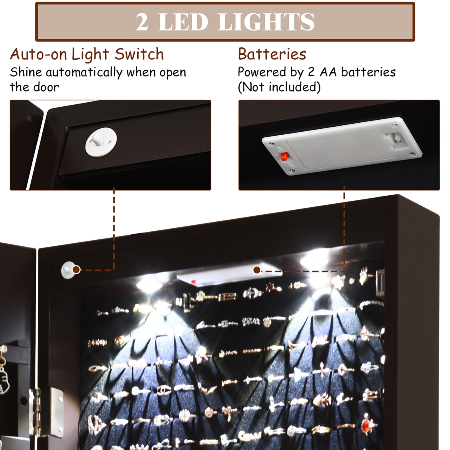 Armoire à bijoux miroir Costway avec 2 lumières LED