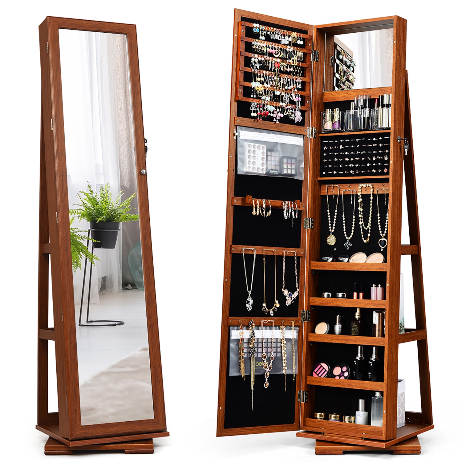 Costway 360degree Rotatable Jewelry Cabinet 2-in-1 Lockable Mirrored Organizer