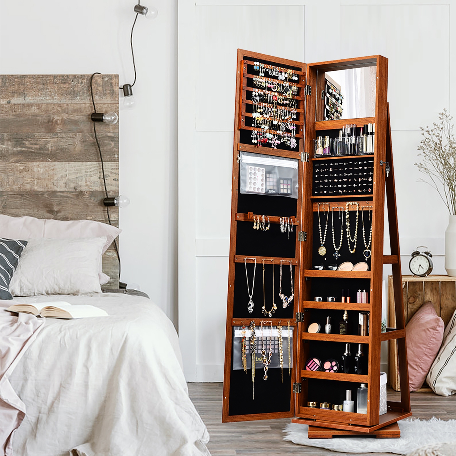 Costway 360degree Rotatable Jewelry Cabinet 2-in-1 Lockable Mirrored Organizer