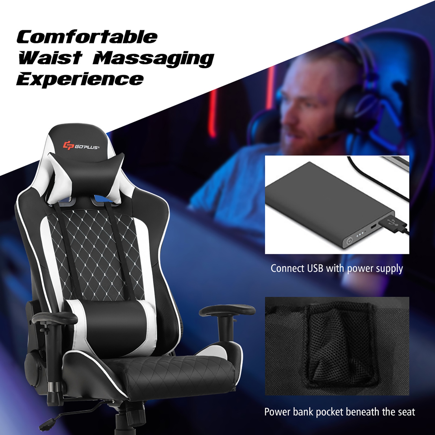 Goplus Massage Gaming Chair Reclining Racing Chair w/Lumbar Support and Headrest