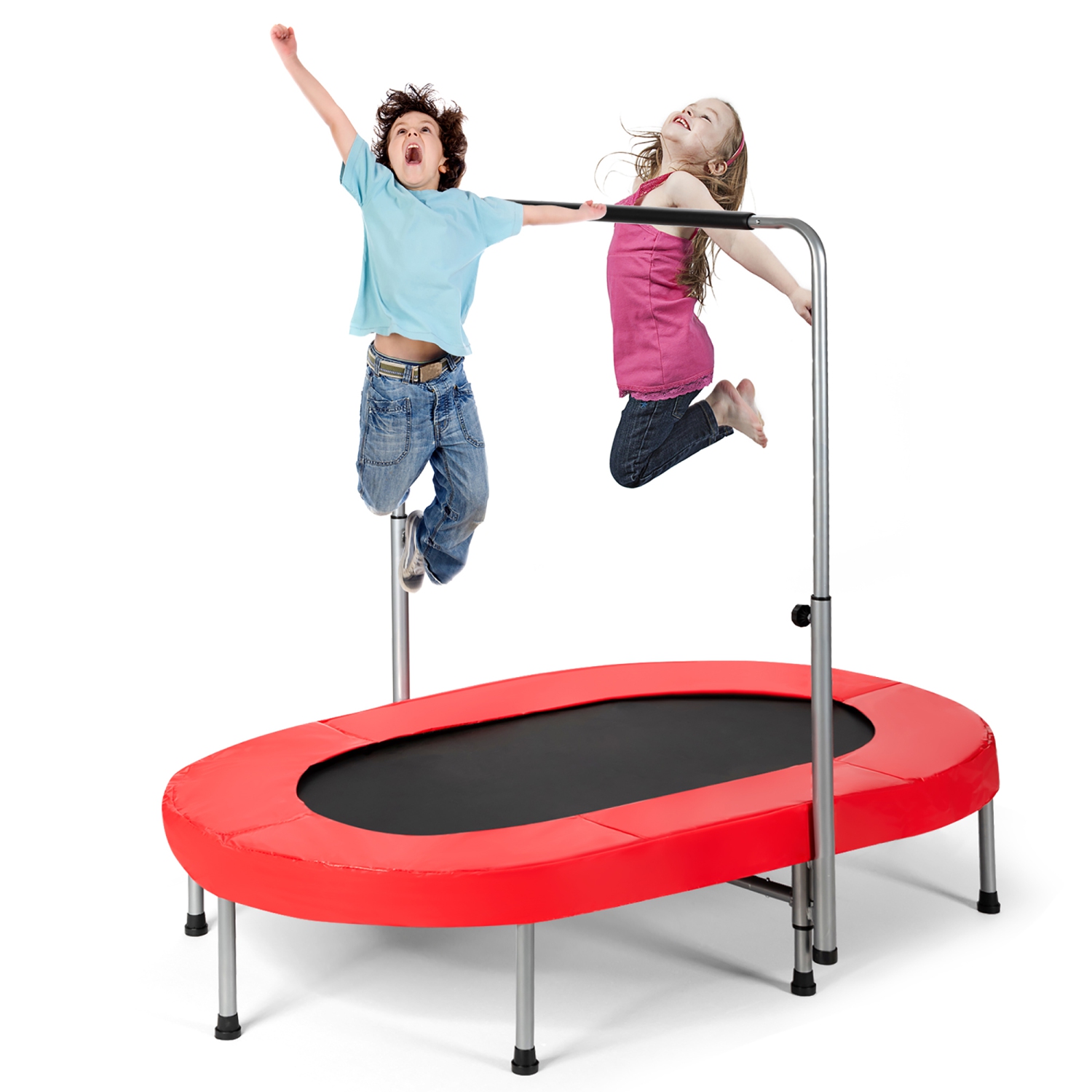 Goplus Foldable Trampoline Double Mini Kids Fitness Rebounder w/ Adjustable Handle
