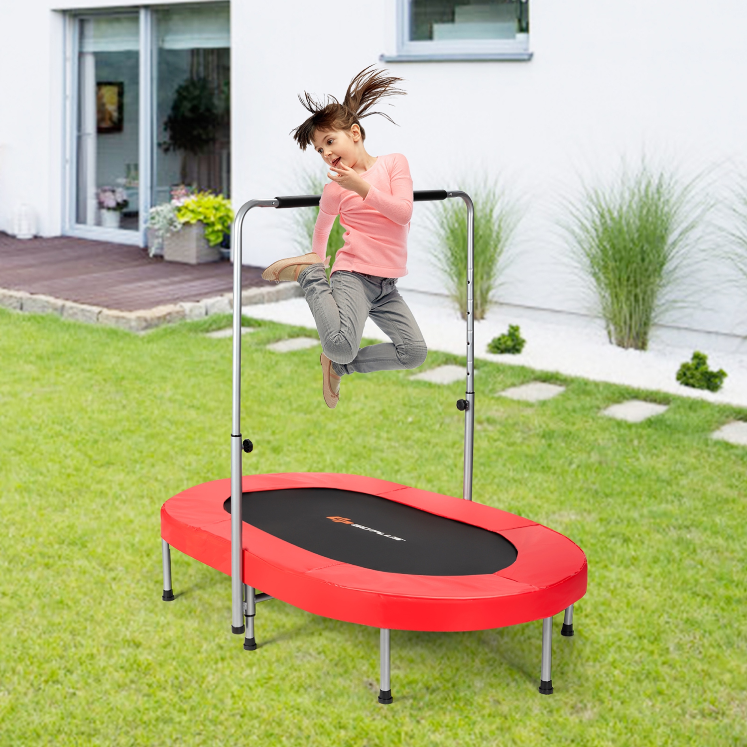 Goplus Foldable Trampoline Double Mini Kids Fitness Rebounder w/ Adjustable Handle