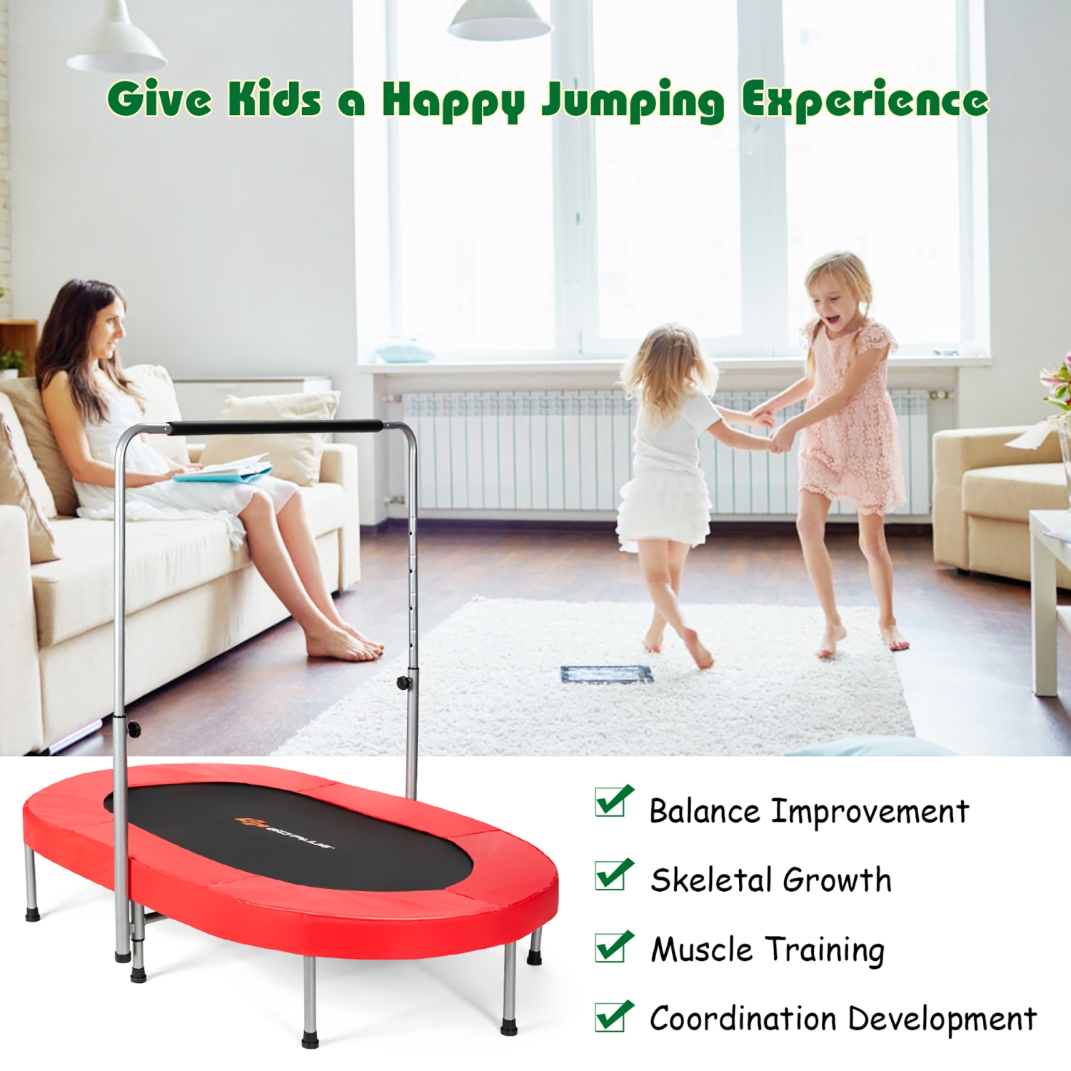 Goplus Foldable Trampoline Double Mini Kids Fitness Rebounder w/ Adjustable Handle