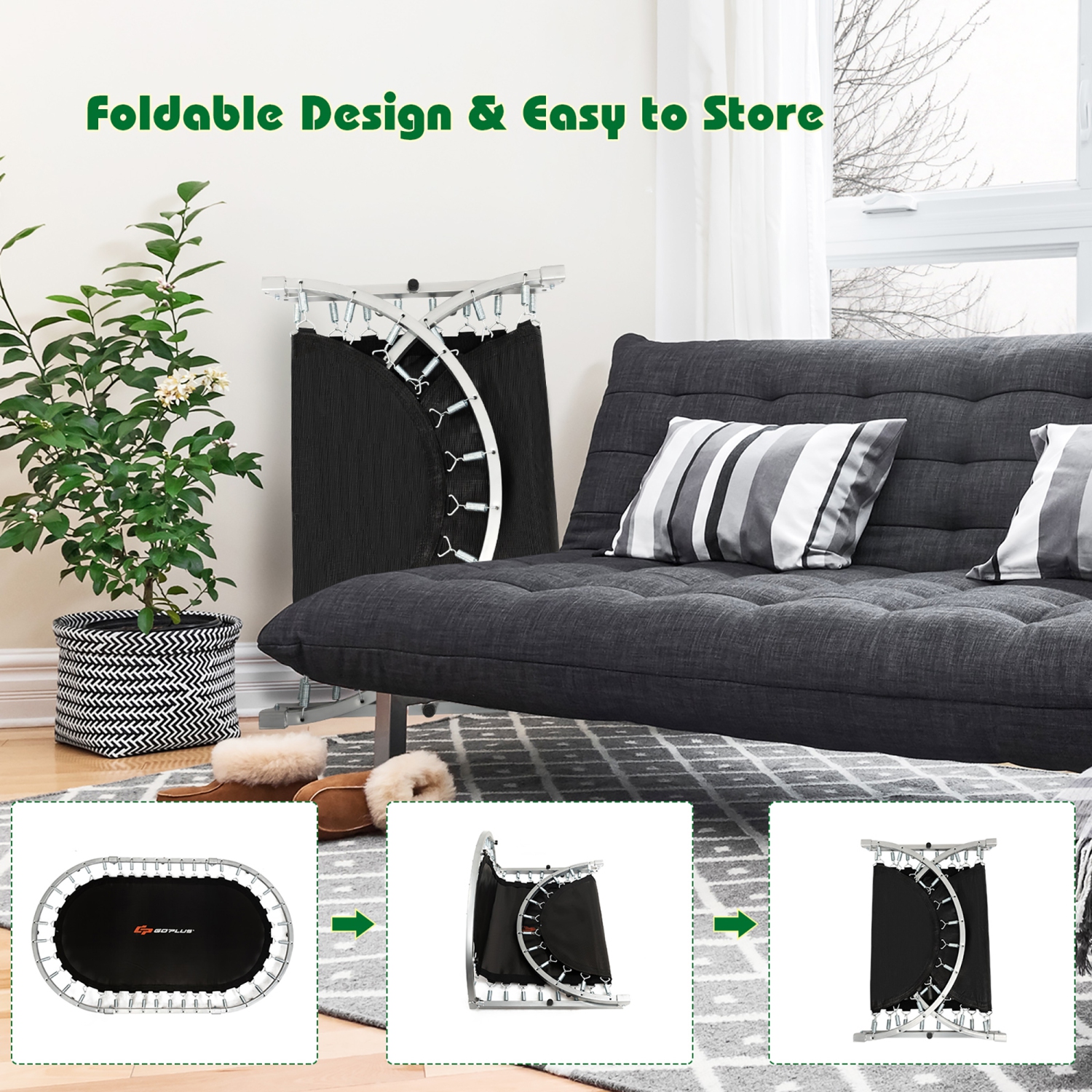 Goplus Foldable Trampoline Double Mini Kids Fitness Rebounder w/ Adjustable Handle