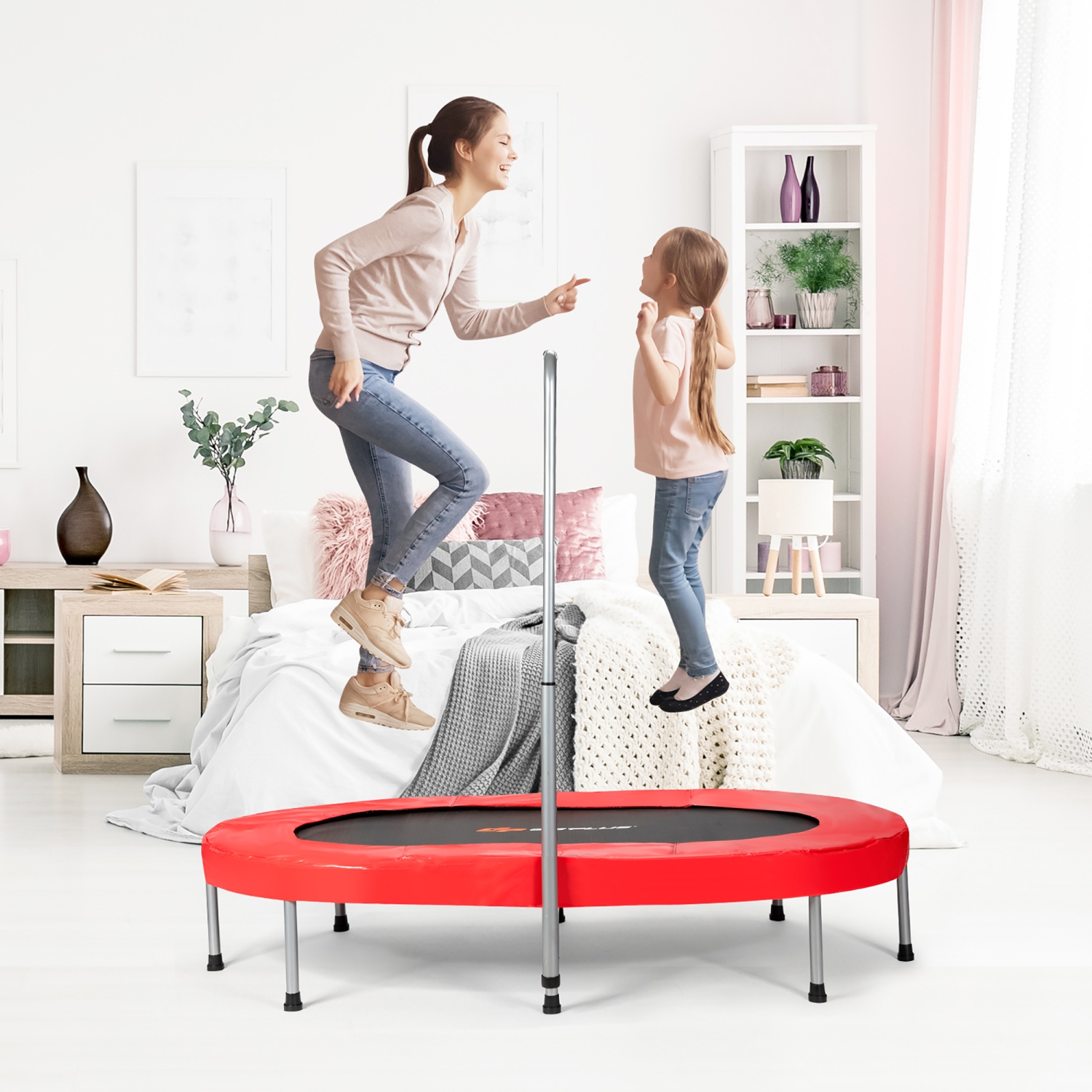Goplus Foldable Trampoline Double Mini Kids Fitness Rebounder w/ Adjustable Handle