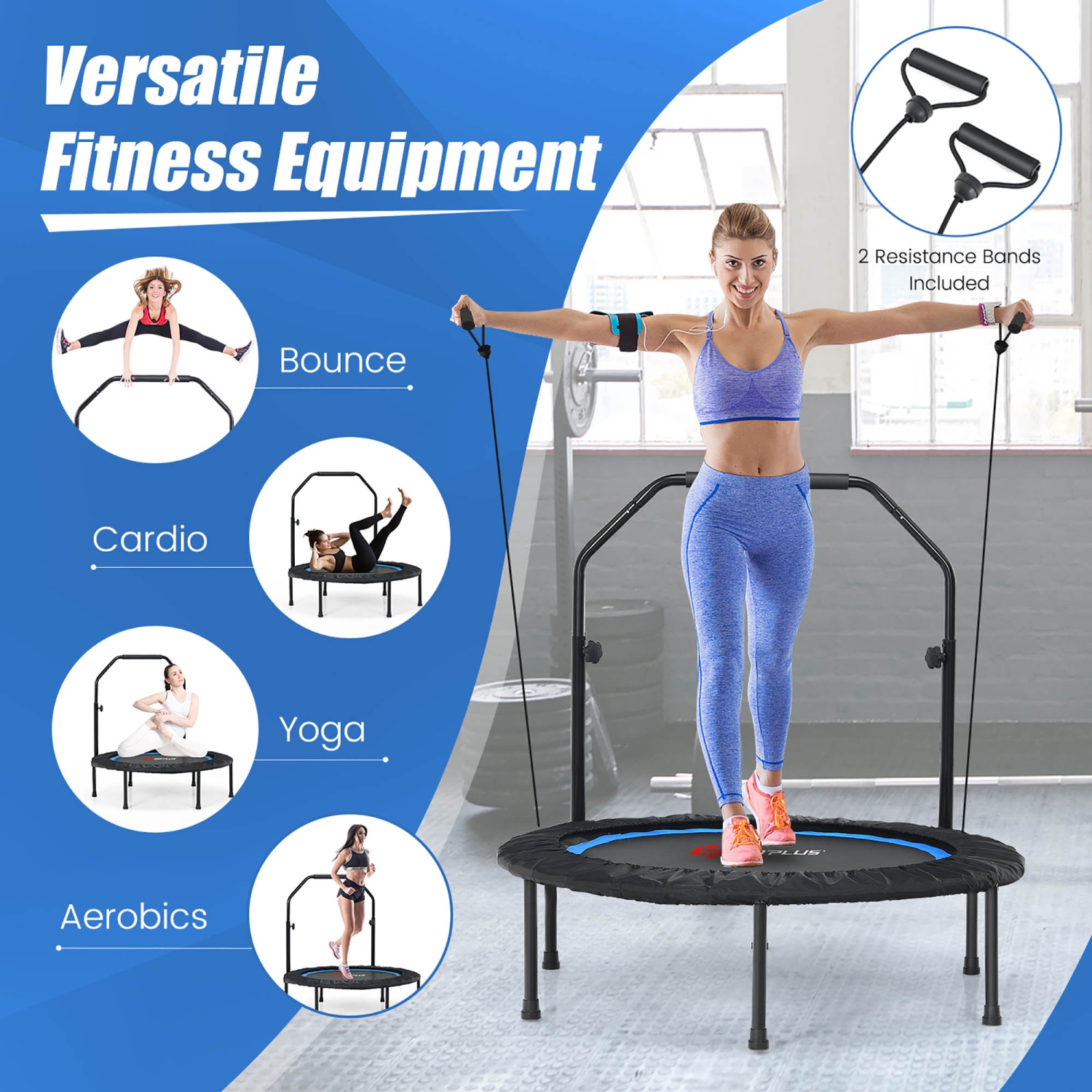 Silent Foldable Trampoline 40'', Exercise Fitness Trampoline with Higher  Adjustable Handrail Fitness Rebounder with Carry Bag Mini Trampoline for  Kids Adults Indoor/Garden Workout Max Load 400 lbs 