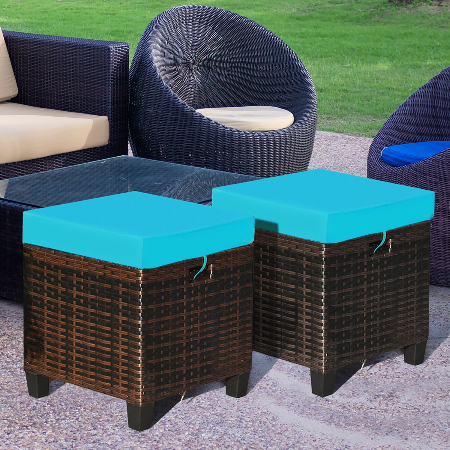 Costway 2PCS Patio Rattan Ottoman Cushioned Seat Foot Rest Coffee Table Turquoise