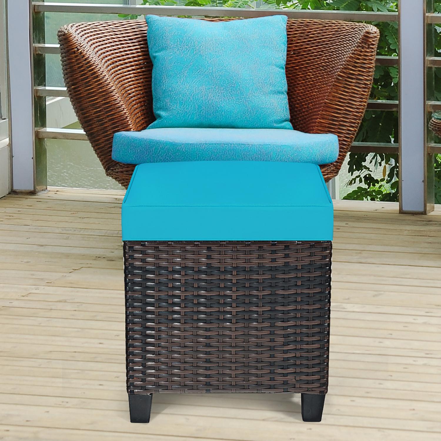 Costway 2PCS Patio Rattan Ottoman Cushioned Seat Foot Rest Coffee Table Turquoise