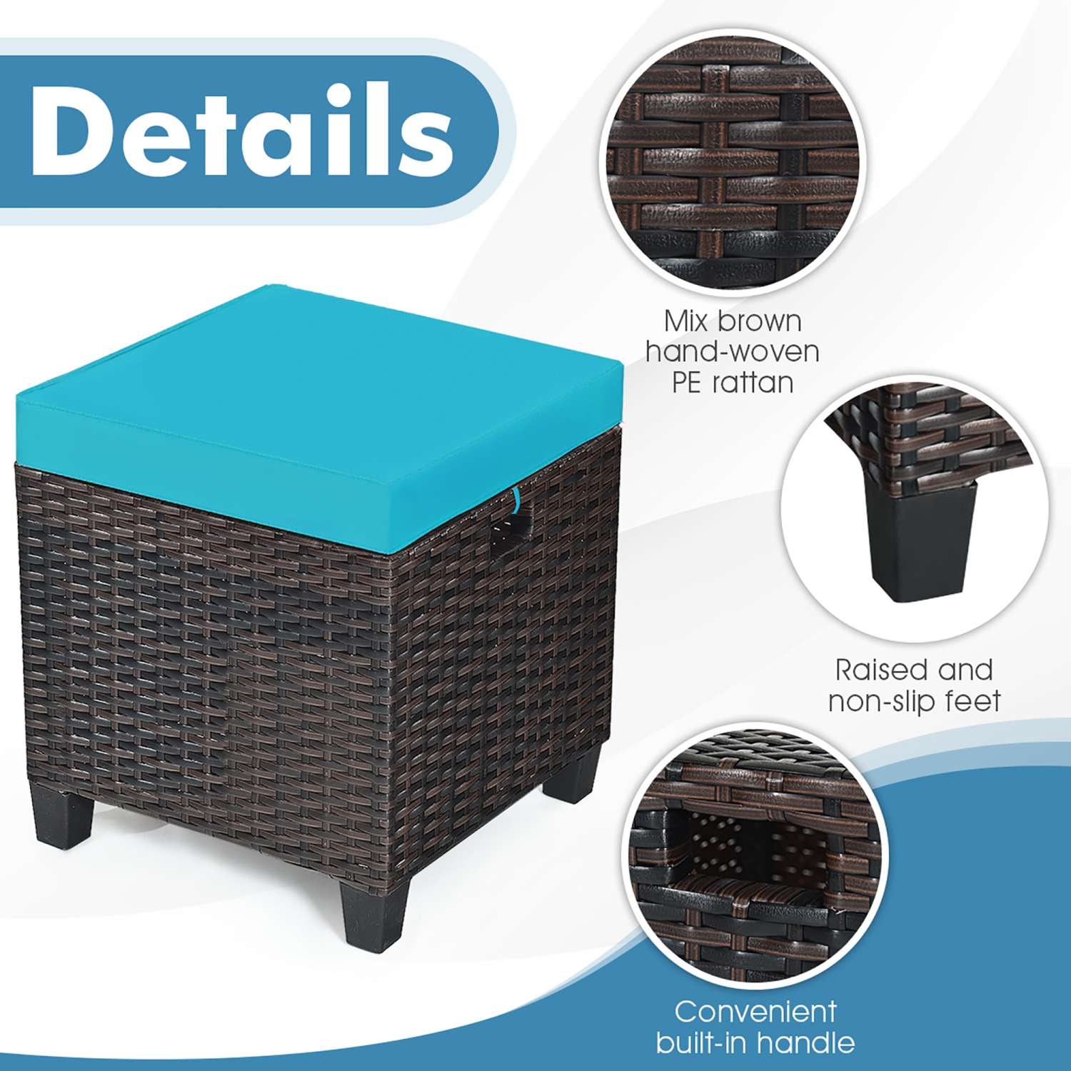 Costway 2PCS Patio Rattan Ottoman Cushioned Seat Foot Rest Coffee Table Turquoise