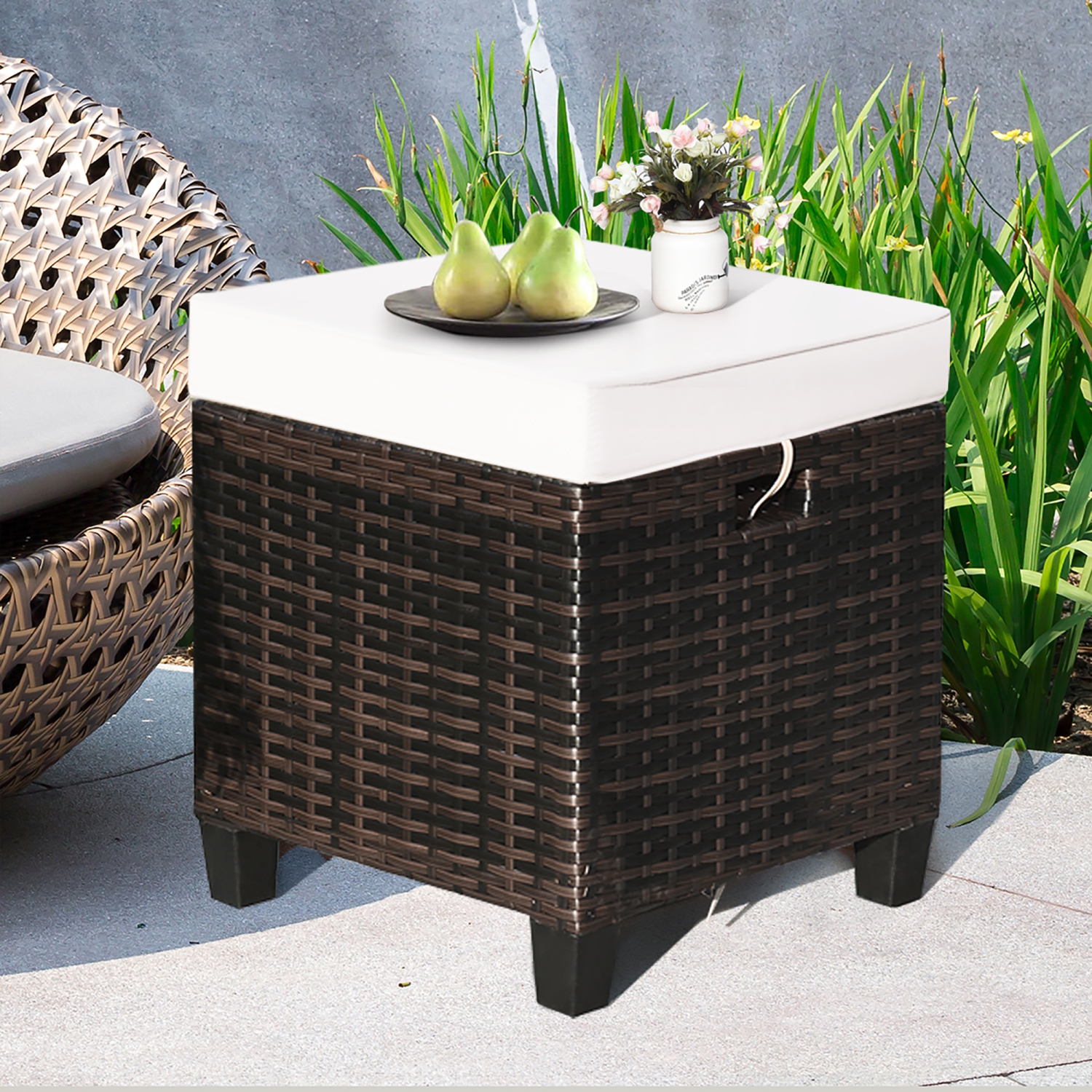 2PCS Patio Pouf en rotin Siège rembourré Repose-pieds Table basse Costway