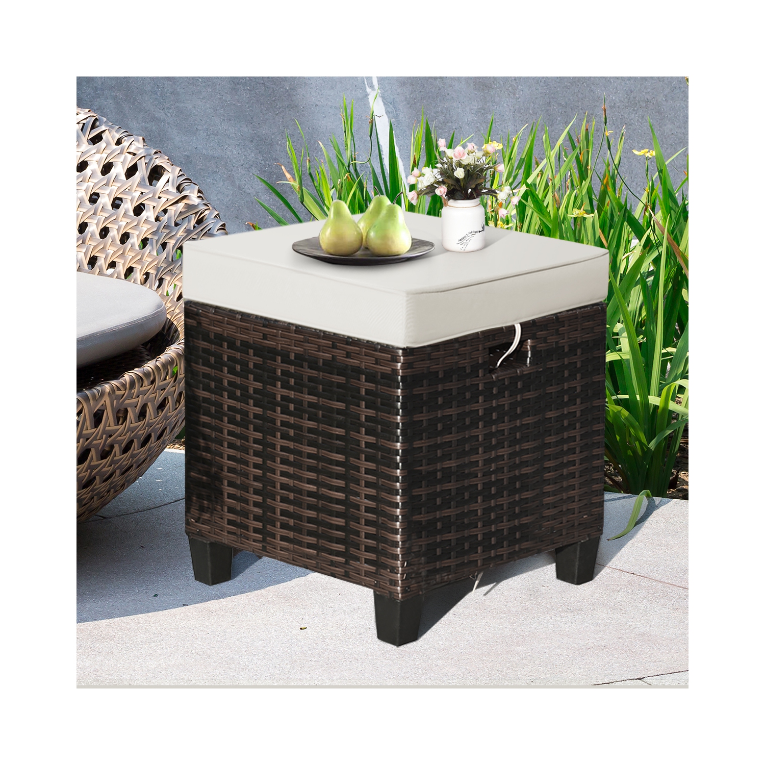 Costway 4PCS Patio Rattan Ottoman Cushioned Seat Foot Rest Coffee Table