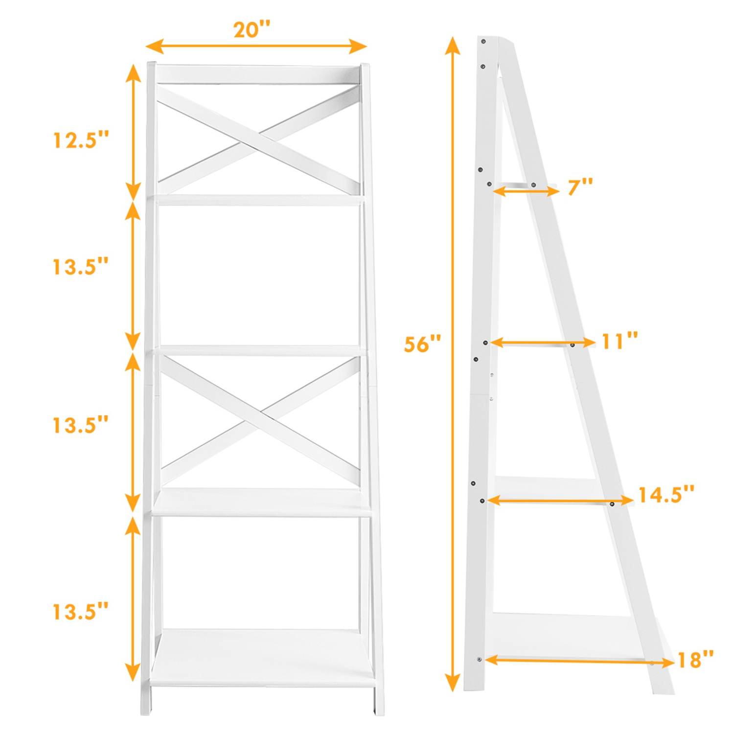 Présentoir à 4 niveaux avec étagère en échelle de Costway, étagère de rangement, étagère inclinée, blanc