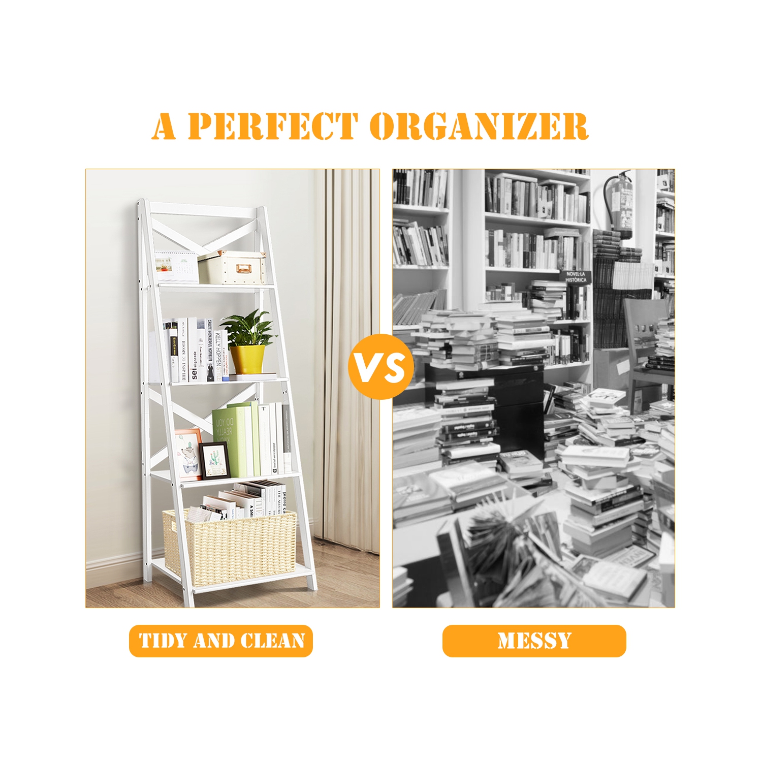 Présentoir à 4 niveaux avec étagère en échelle de Costway, étagère de rangement, étagère inclinée, blanc