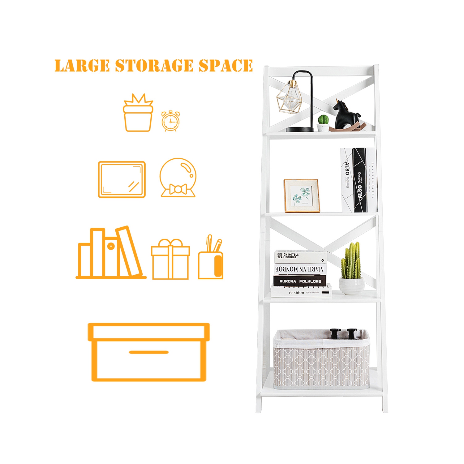 Présentoir à 4 niveaux avec étagère en échelle de Costway, étagère de rangement, étagère inclinée, blanc